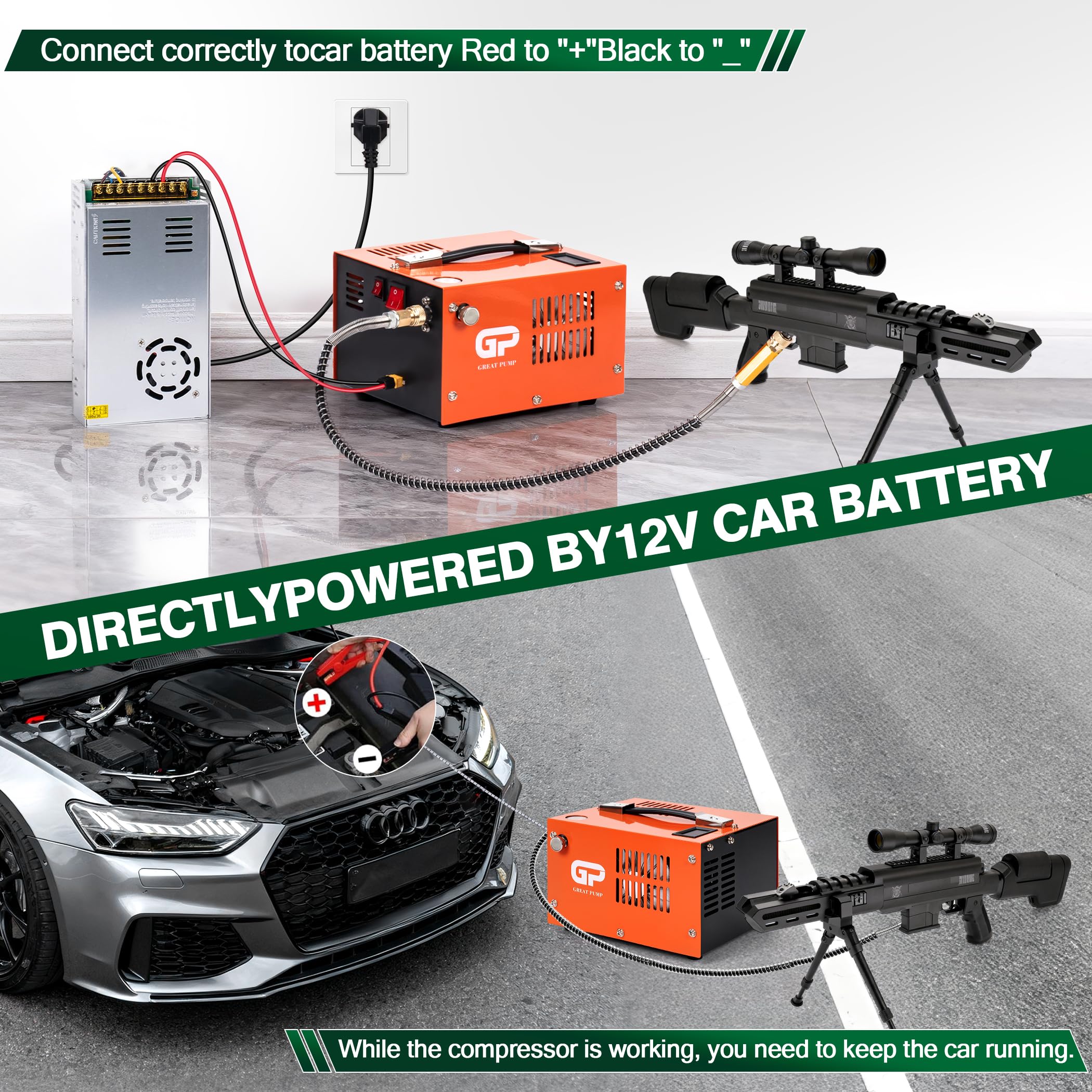TUXING Compresor de aire PCP de 300 bar, portátil de 4500 psi/30 Mpa, conector rápido de 8 mm compatible con pistola de aire PCP con separador de agua/aceite, adaptador de corriente integrado (batería
