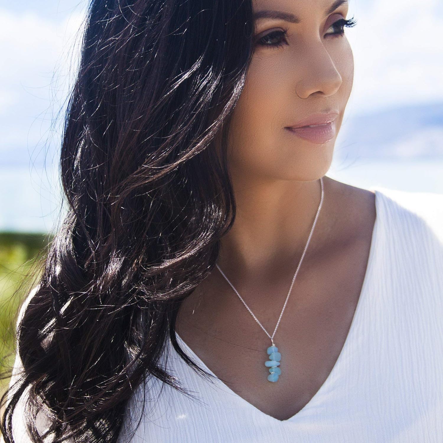 Beautiful Recycled Sea Glass Pebble Stacked Pendant Necklace on 18 Inch Sterling Silver Chain - Image 2