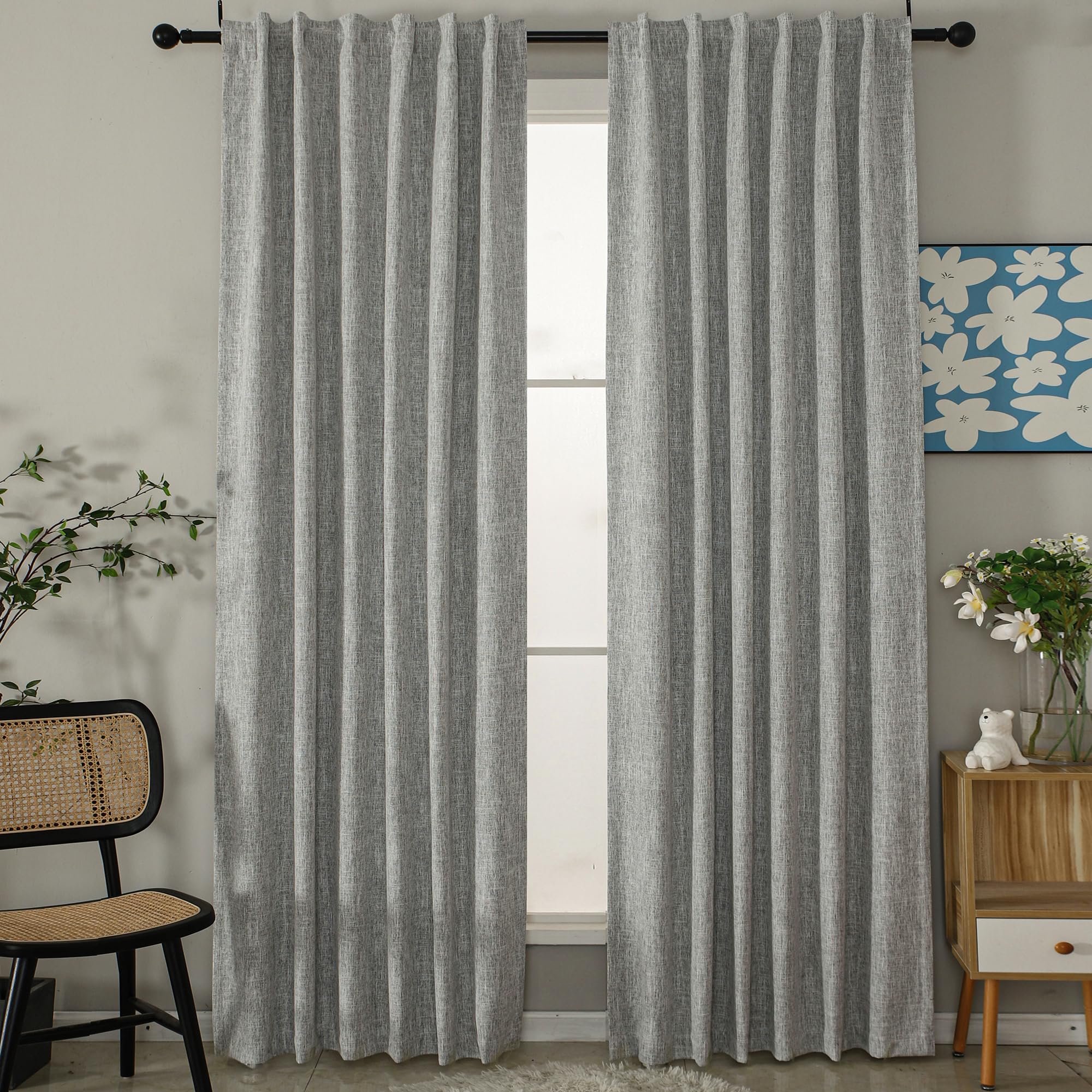 52 x 84 Inch Linen Bamboo Knots Texture Blackout Curtains - 100% Light Blocking, Noise Reducing Triple Layer Fabric Back Tab and Rod Pocket for Bedroom, Set of 2, Light Grey
