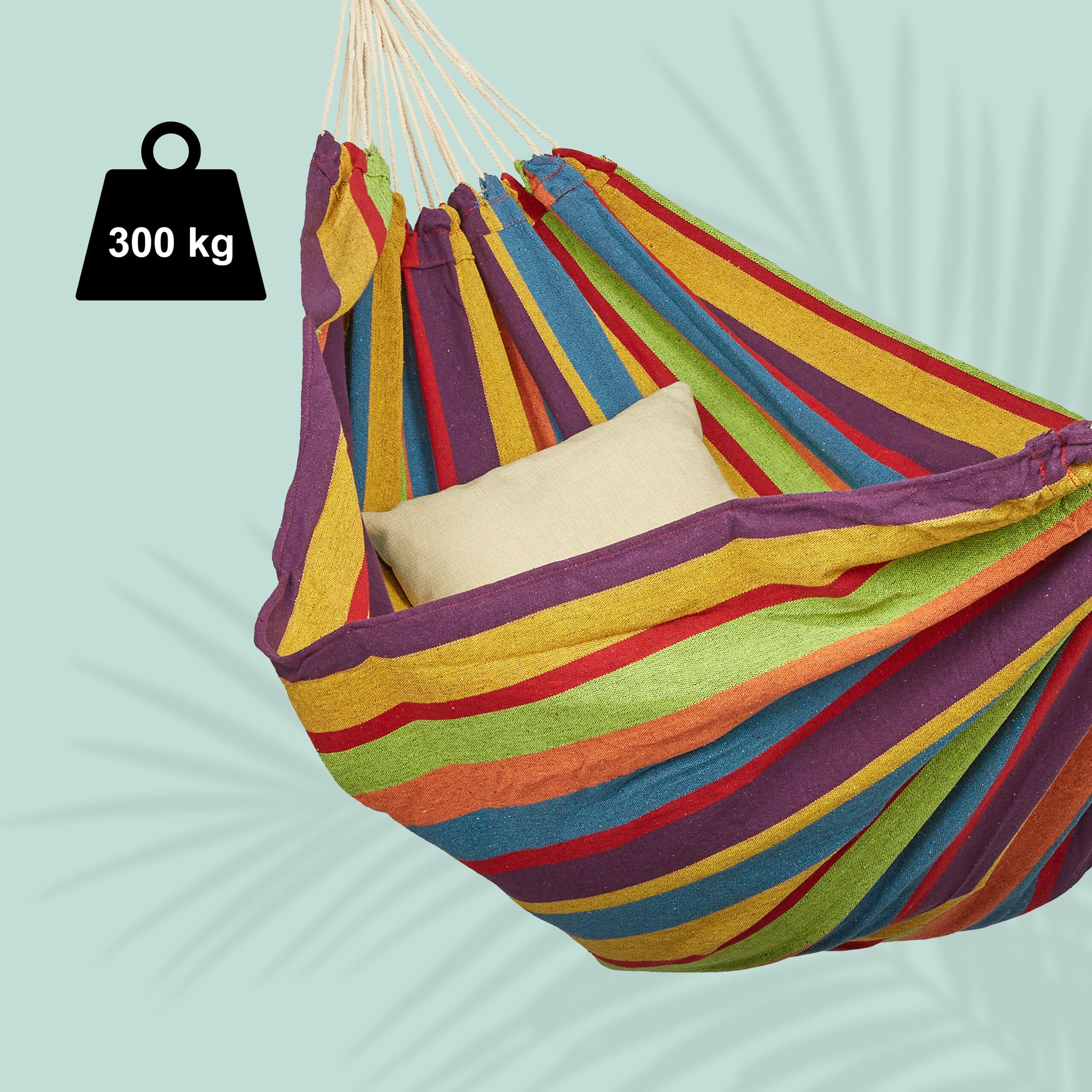 Relaxdays Hamaca de Algodón, 150 x 190 cm, con Set de Fijación, hasta 300 kg, Portátil, Cama Colgante, Multicolor