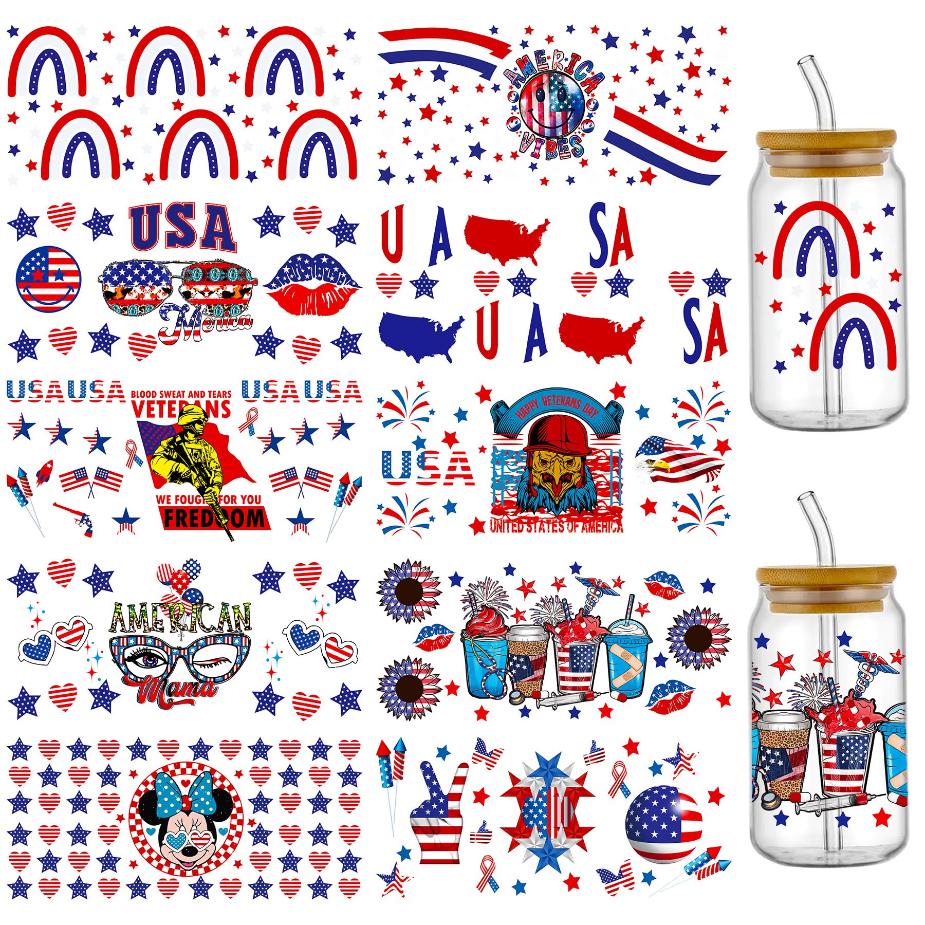 PEVOGON Independence Day UV DTF Cup Wrap Transfer Stickers for Glass, 10 Sheet 4th of July Patriotic Rub on Transfers Decal for 16OZ Glass Cups Furnit