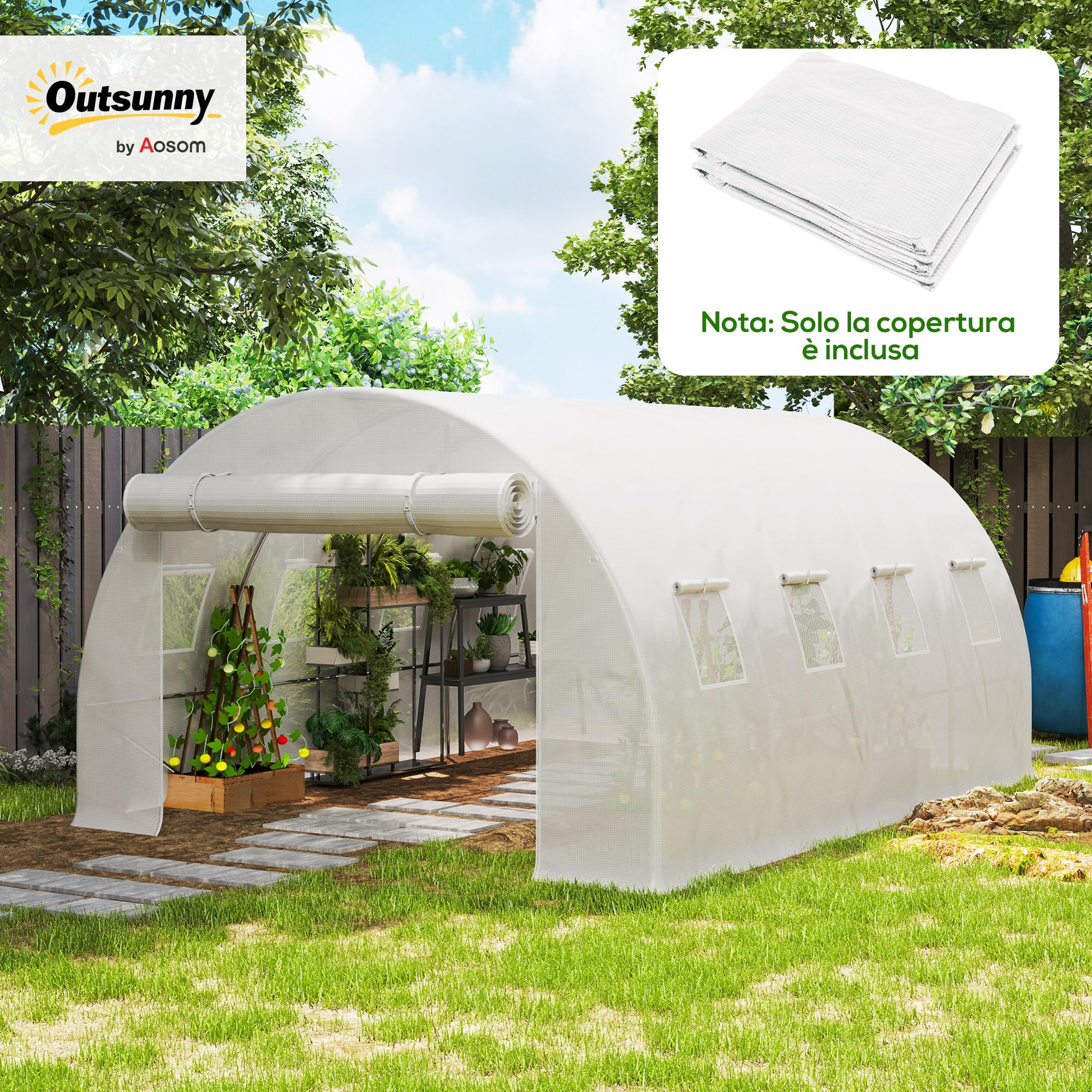 Outsunny Cubierta de Invernadero PE 4x3 m, Lona de Invernadero con 8 Ventanas, Puerta Enrollable y Bordes Enterrados, Protección UV, para Agricultura, Plantas, Huertos y Jardín, Blanco