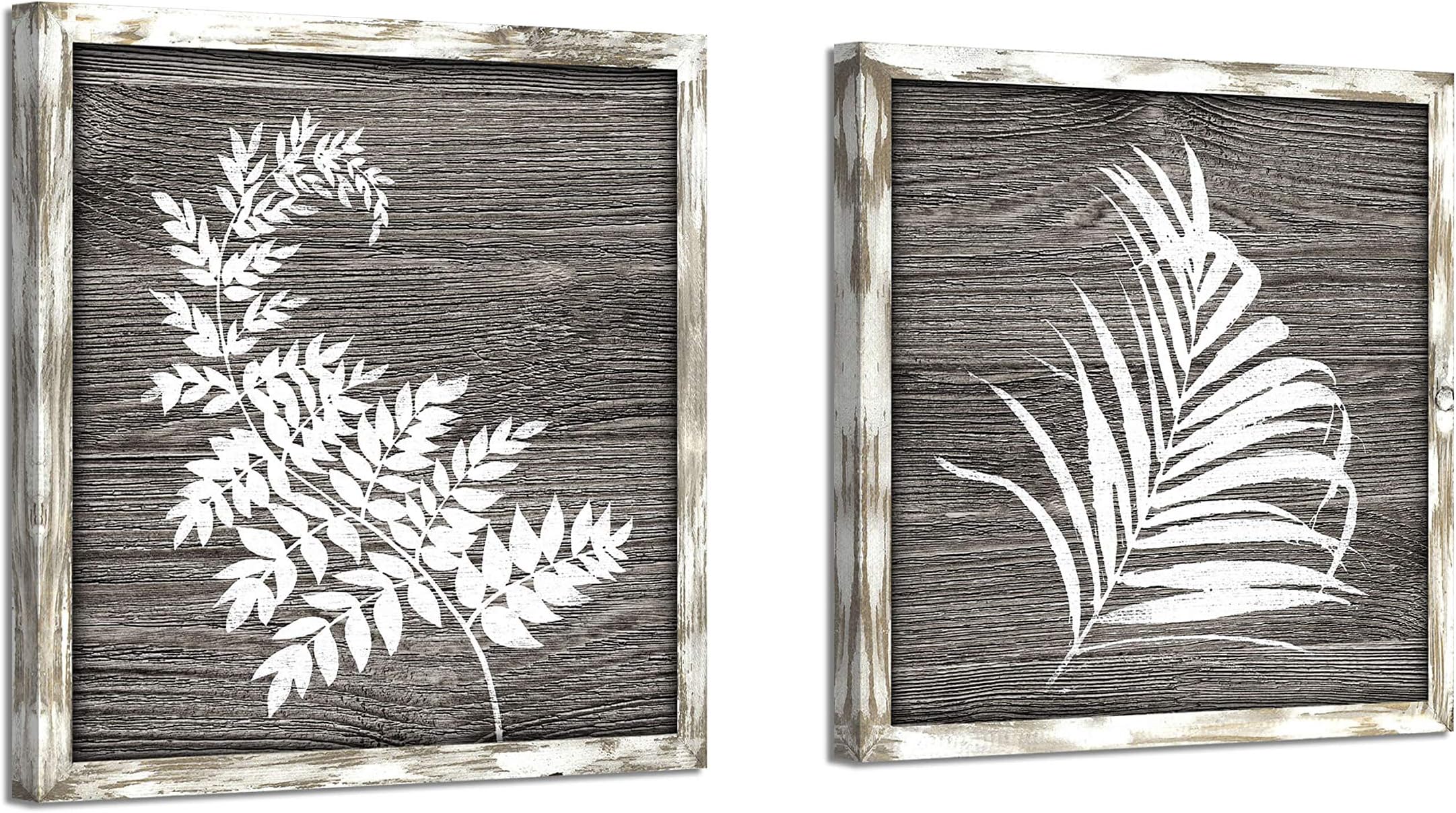 Rustic Leaf Prints Wood Artwork: Botanical Painting Herbs Wooden Painting Framed Wall Art for Bedroom (12"W x 12"H x 2 PCS, Multi-Sized)