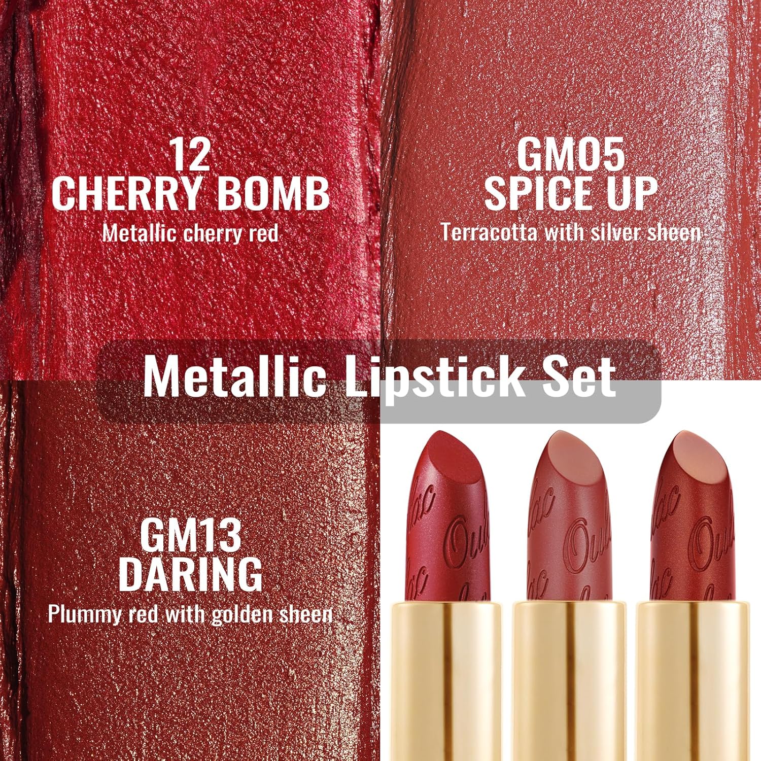 Oulac Metallic Red Lipstick Set 3PCS High Impact Lipcolor with Moisturizing Formula, Vegan Beauty, Full-Coverage Lip Color, Gift Lipstick for Women, 4.3g X 3PCS, 12+GM05+GM13 - Image 2