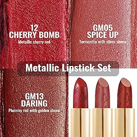 Oulac Metallic Red Lipstick Set 3PCS High Impact Lipcolor with Moisturizing Formula, Vegan Beauty, Full-Coverage Lip Color, Gift Lipstick for Women, 4.3g X 3PCS, 12+GM05+GM13