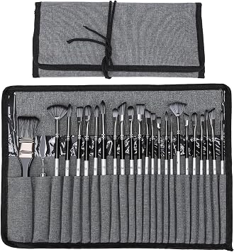 Watercolor Brushes Professional, 24Pcs Paintbrushes Kit with Cloth Roll, Round, Flat, Filbert, Dagger, Cat Tongue for Water Color Gouache Inks Painting