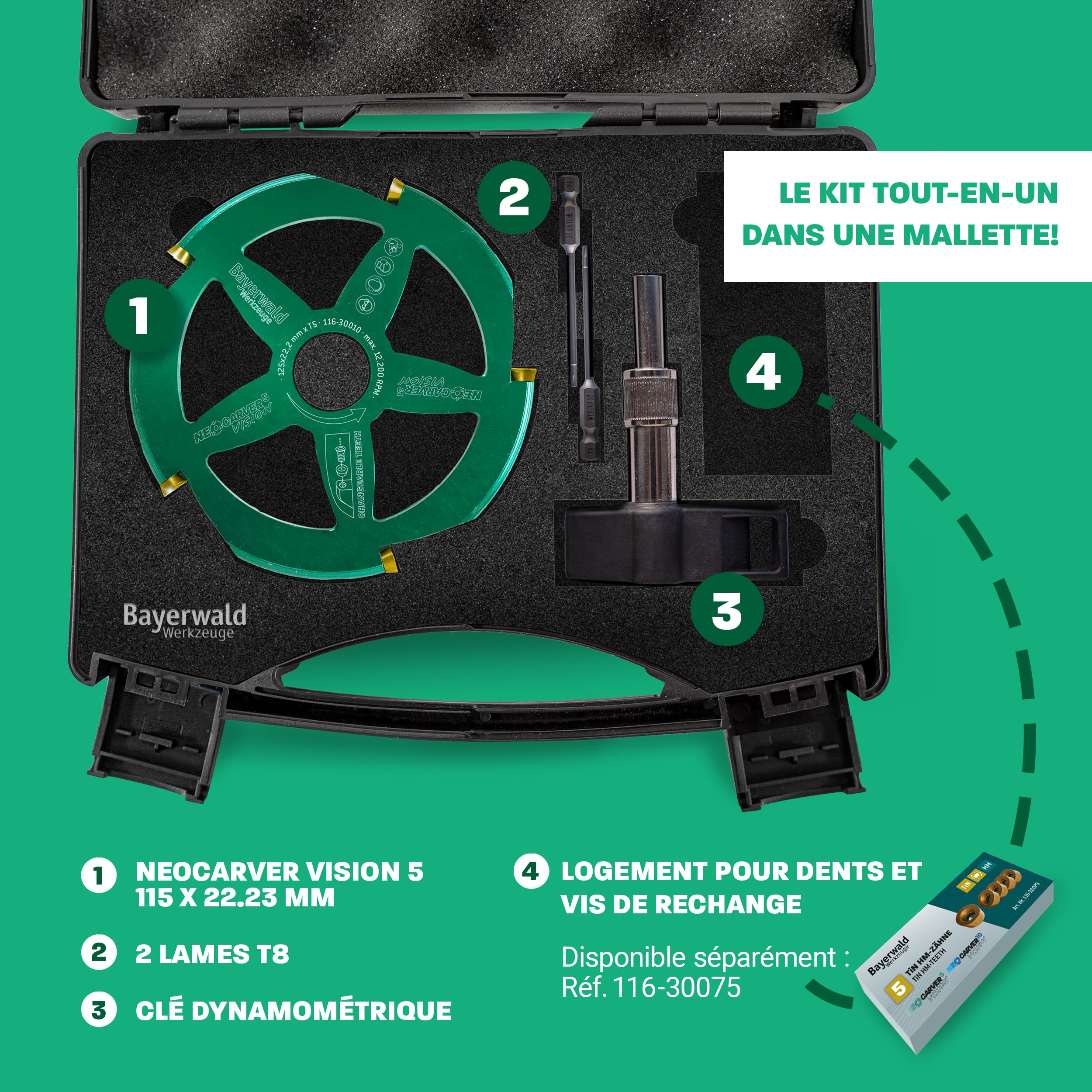 Bayerwald NeoCarver 5 Vision V2 Disque de fraisage en métal dur pour bois 115 mm x 22,2