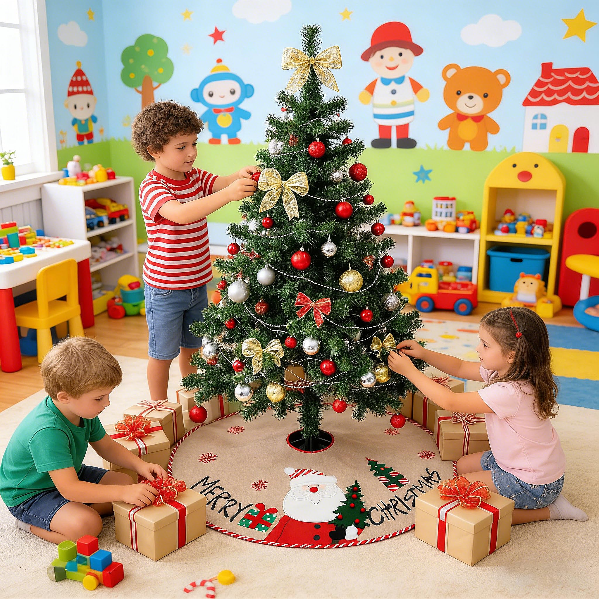 Faldas árbol de Navidad, Estera de árbol de Decoración Roja de Navidad de 42"con Cuadros Rojos para Decoraciones Navideñas, para Tejer Flores de Nieve, Alce, Rojo, Falda para árbol de