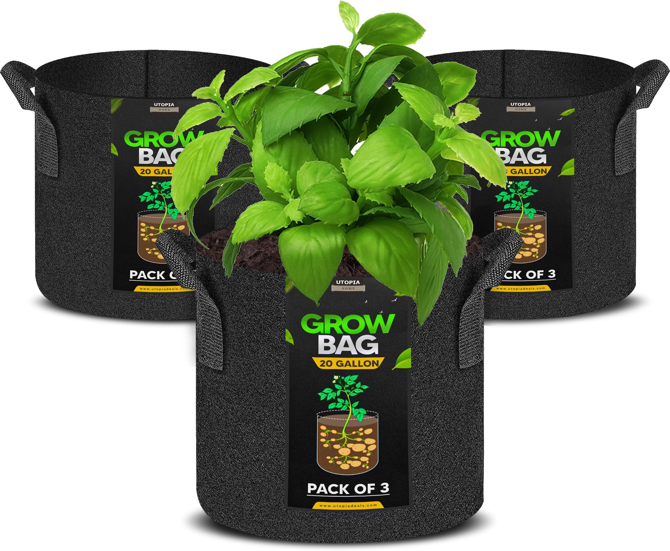 Utopia Home 3-Pack 20 Gallon Fabric Grow Bags,300G Thickened Nonwoven Fabric Planters Pots, Aeration Fabric Pots with Handles, Nonwoven Fabric Bags Suitable for Vegetables Flowers Mushroom.