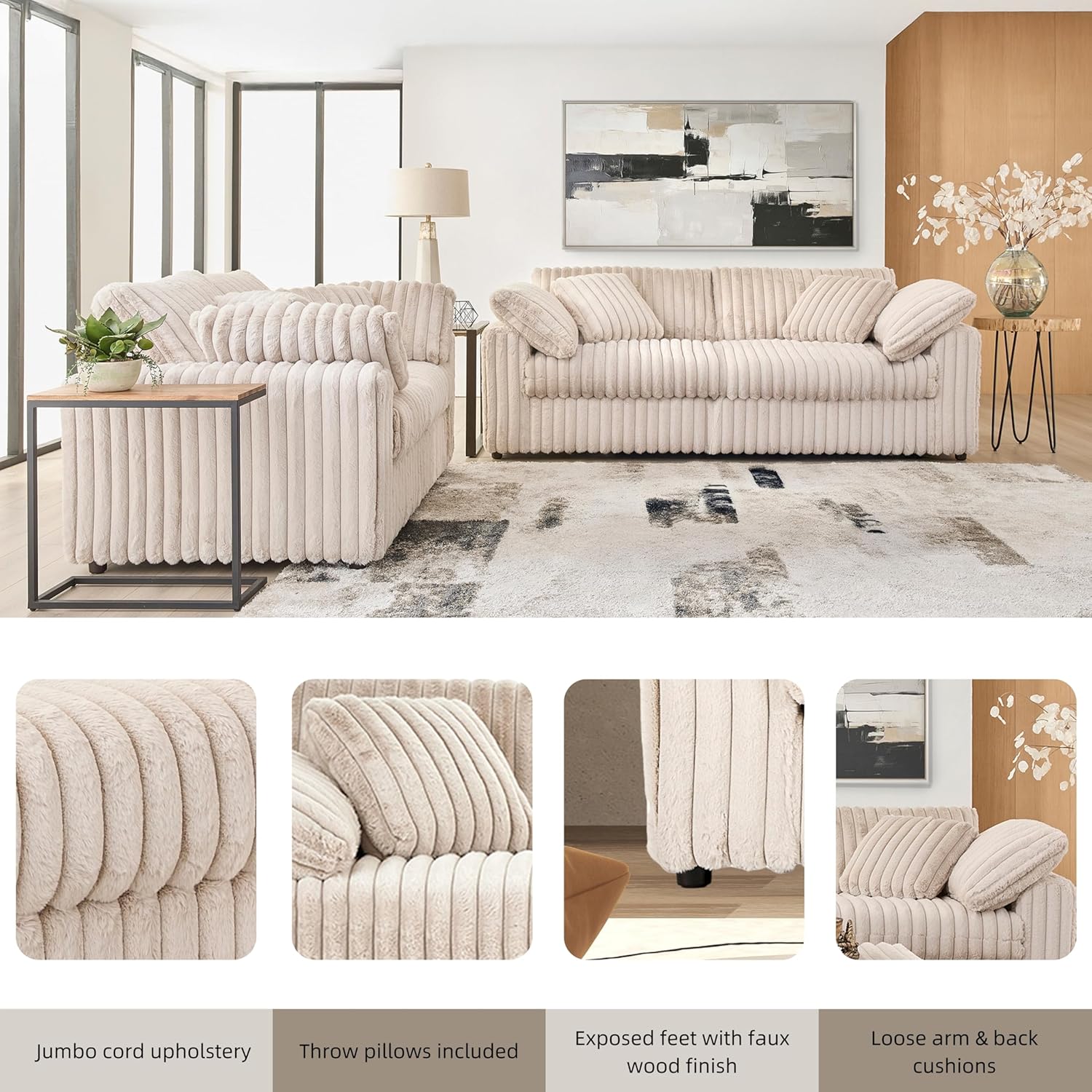 Roundhill Furniture Belvoir 2-Piece Living Room Set, Sofa and Loveseat