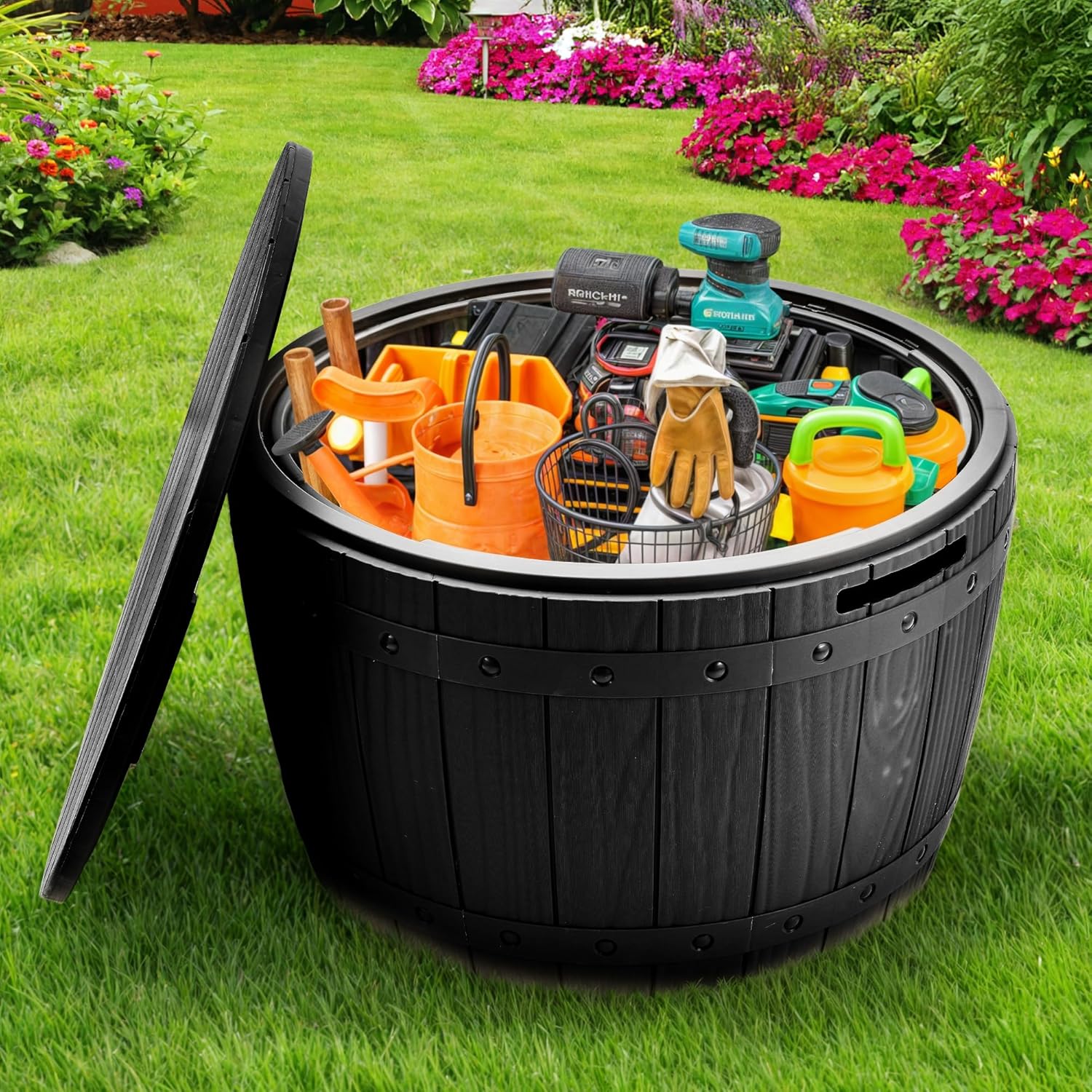 YITAHOME Outdoor Resin Storage Container Outdoor Storage Table, Storage Bench 33-Gallon Round Deck Organizer, Black