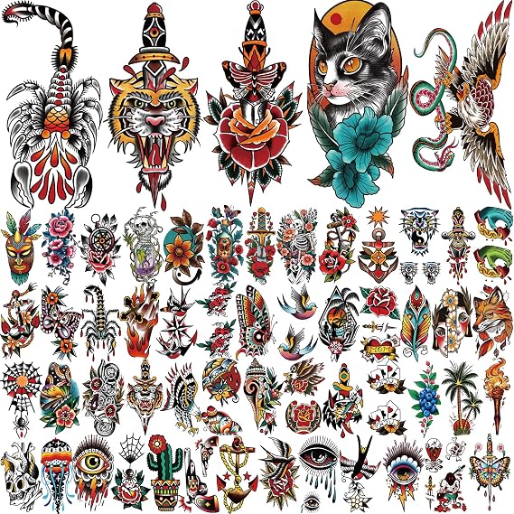 77 Sheets American Traditional Temporary Tattoos Adult Men Women Flower Rose Butterfly Tiger Snake Old School Style Temp Tattoos for Adults, Realistic Half Sleeve Fake Tattoos Stickers for Adult Kid
