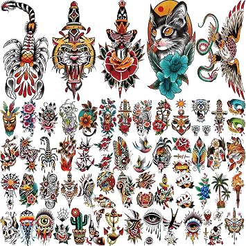 77 Sheets American Traditional Temporary Tattoos Adult Men Women Flower Rose Butterfly Tiger Snake Old School Style Temp Tattoos for Adults, Realistic Half Sleeve Fake Tattoos Stickers for Adult Kid