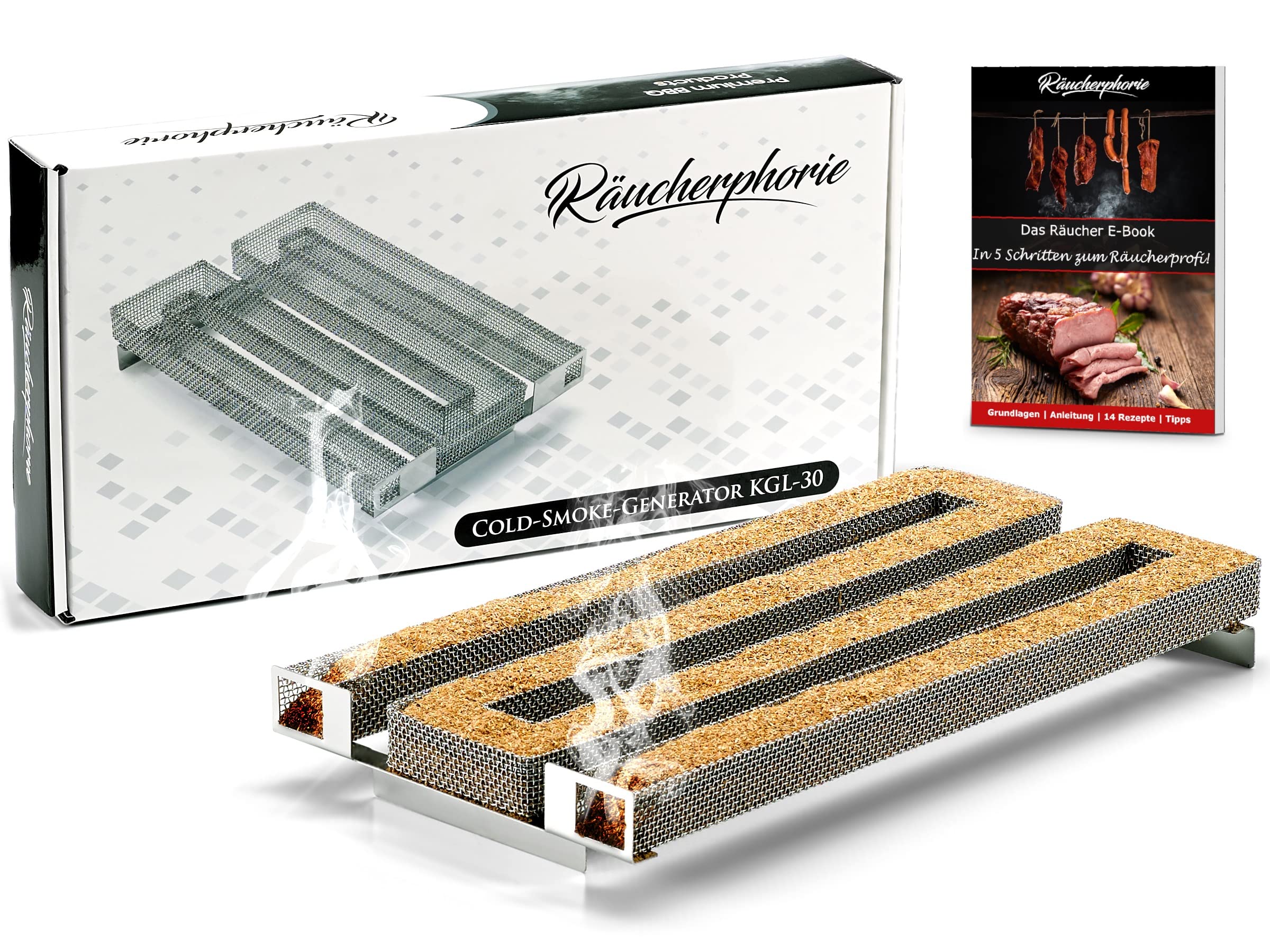 Räucherphorie® Kalträuchergitter XL - Robuster Kaltraucherzeuger aus Edelstahl + E-Book für extra langes Räuchern im Räucherofen, Grill, Smoker - Premium Räucherzubehör Extra Large (KGL30)