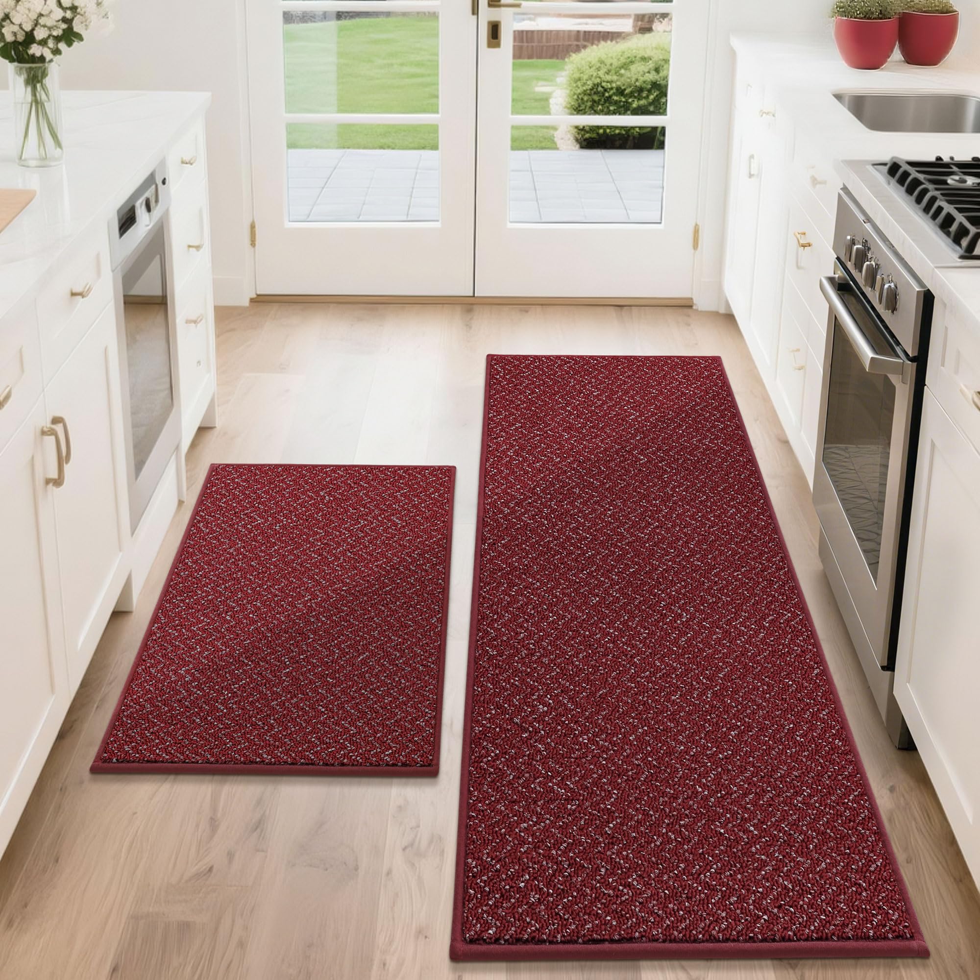 COSY HOMEER Kitchen Rugs Non Slip Washable 24"x36"+24"x60" Absorbent Kitchen Mats for Floor Stain Resistant Kitchen Runner Rug Sets of 2 Kitchen Floor Mats for Sink,Red