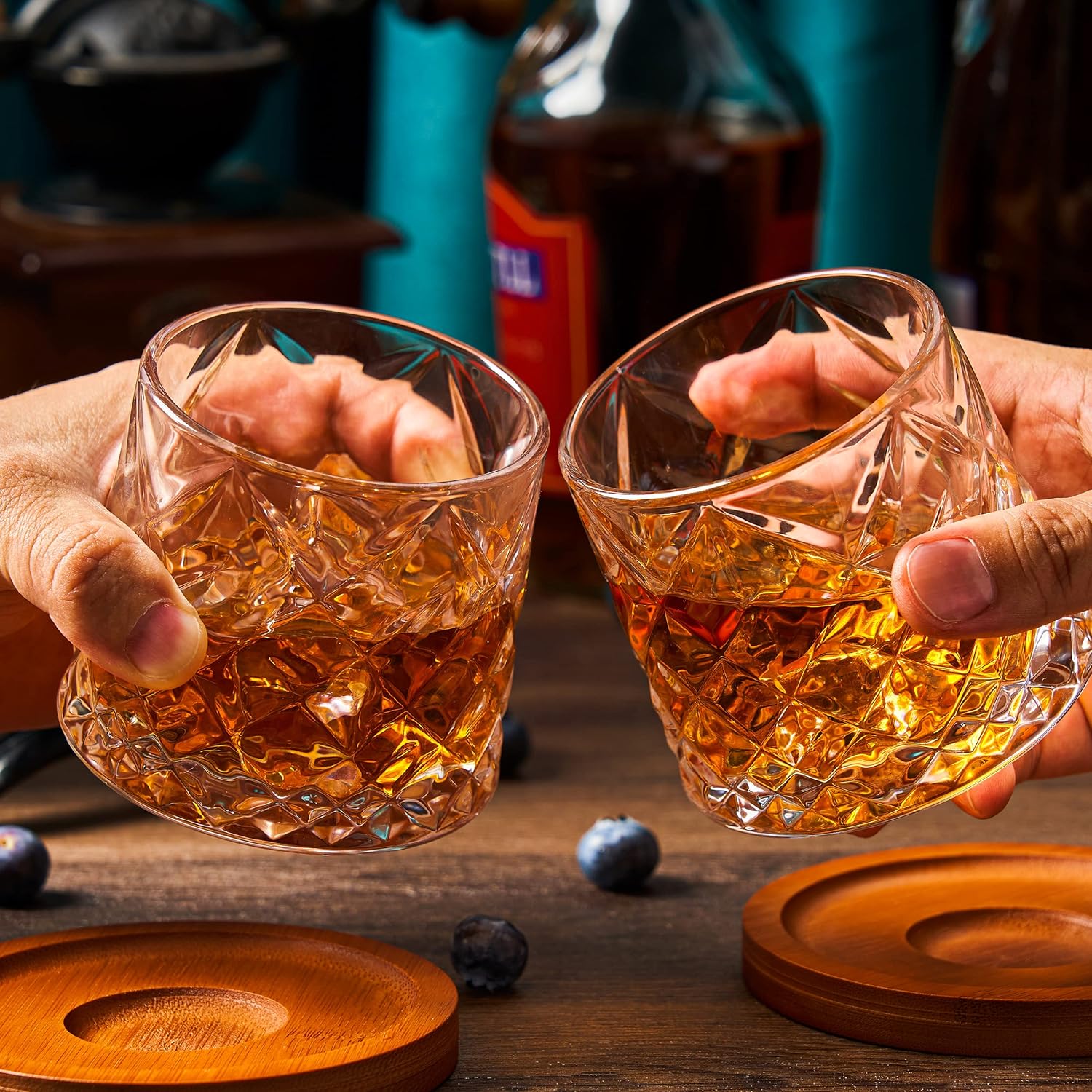 10oz Large Spinning Whiskey Glasses set of 2,Rotatable Old Fashioned Glasses,with Bamboo Coasters,Help Relieve Stress, Anxiety,Tension. Christmas Gifts Stocking Stuffers for Men,Husband,Dad,Father