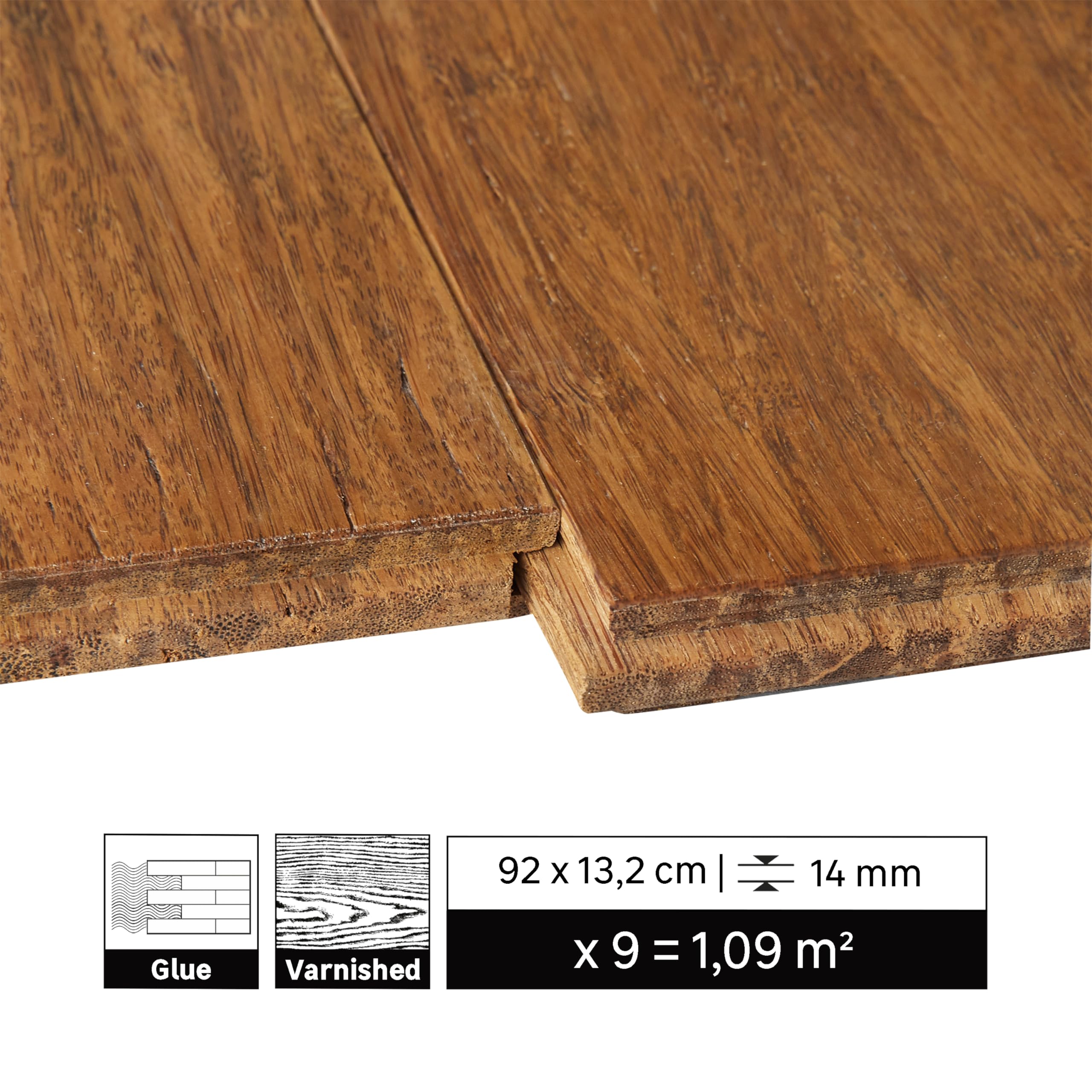 ARTENS Parkettboden Anza Versiegeltes massives Bambusparkett Intenso Braun L.92 cm B.13,2 cm Dicke 14 mm 1,09 m² 9 Dielen Belastungsklasse 21