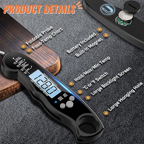 Miniatura 6 de Termómetro digital de lectura instantánea para carne y cocina rápido y preciso con retroiluminación imán calibración y sonda plegable para alimentos