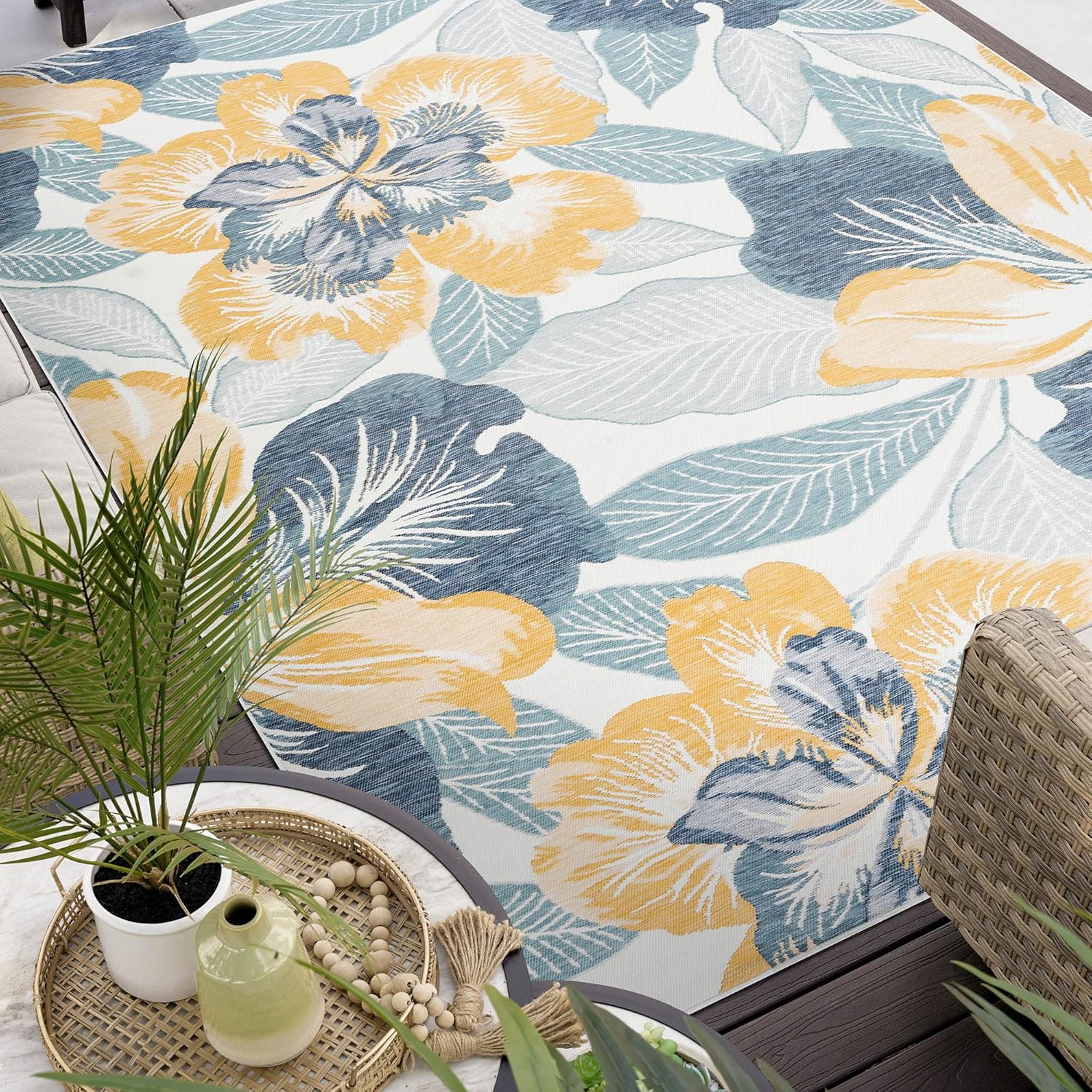 Double Sided/Reversible, Water Resistant Indoor Outdoor Rug 5x7 | Outdoor Rugs for Patio, Deck, Porch, Entryway | Fade Resistant Outside Area Rug | 5'3'' x 7'3'' Navy | Floral, Tropical or Geometric