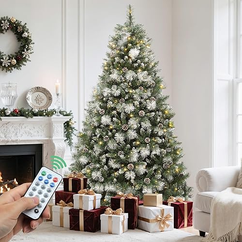 YITAHOME 6ft Prelit Scotch Pine Christmas Tree with Remote Control, Pre-Decorated Frosted Christmas Tree with Pine-Cones & Needles, Warm White/Multicolor Changing Lights for Home/Office