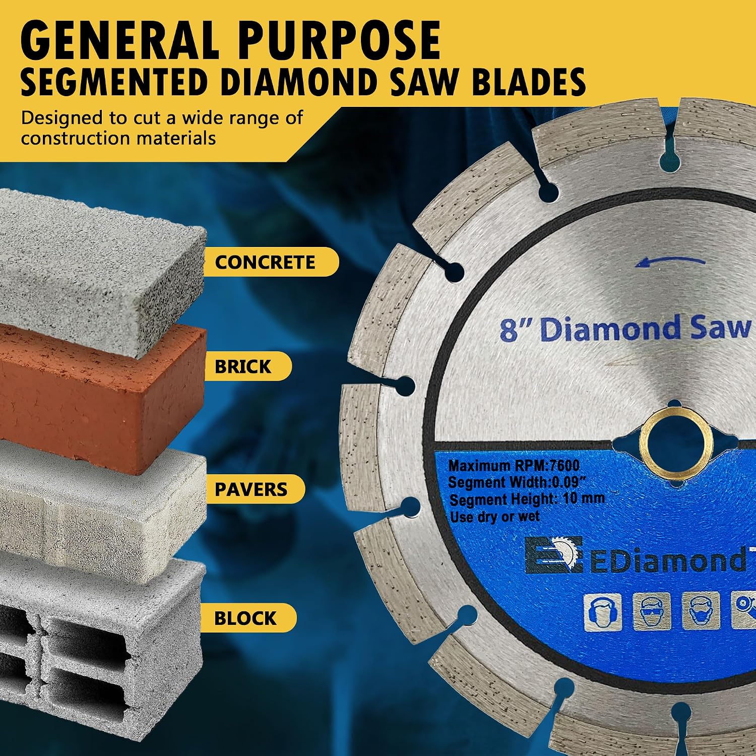 8" Segmented Diamond Saw Blade for Concrete, Brick, Block and Masonry, 10mm Segment Height, DM 7/8" Arbor