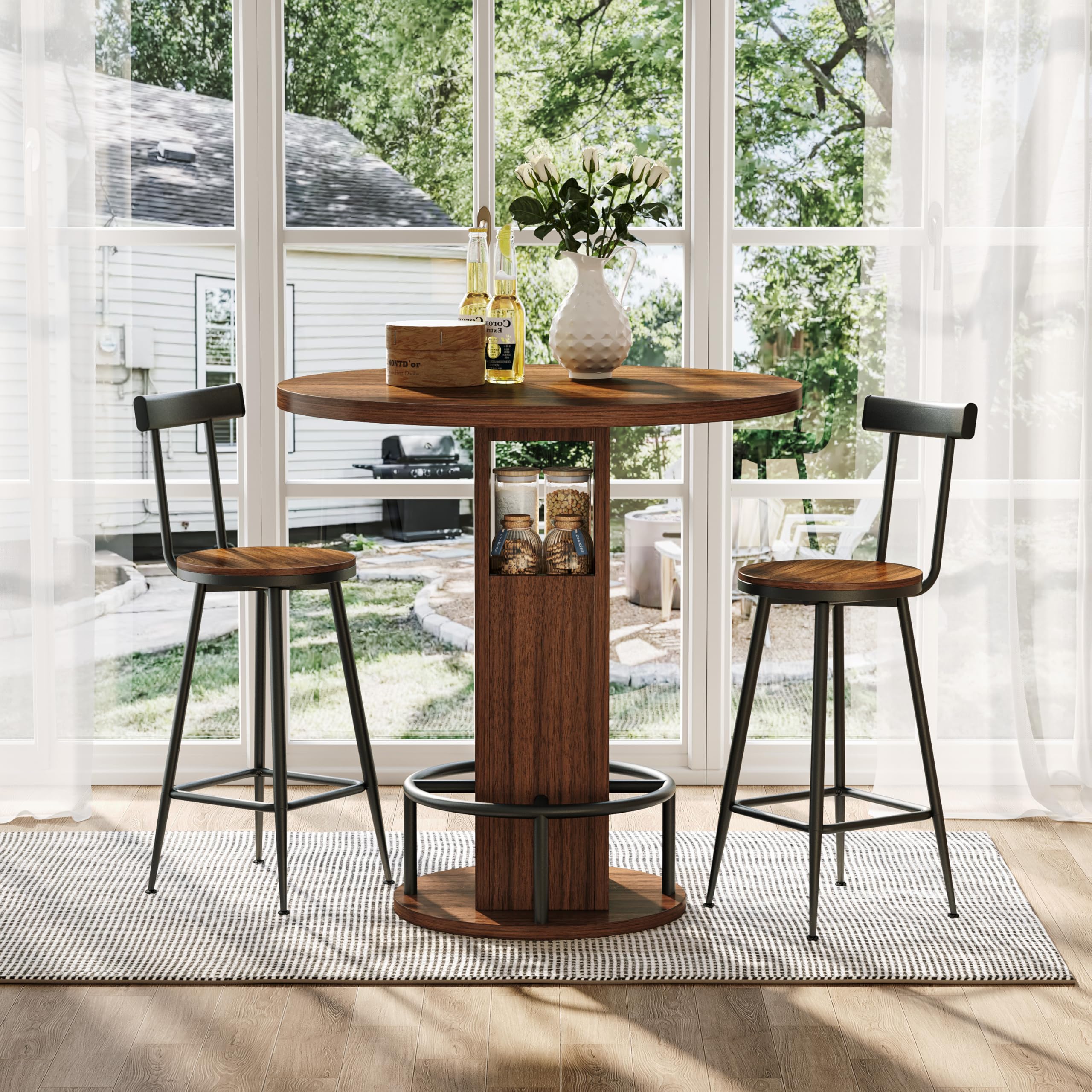 Set Tavolo da Bar con 2 Sgabelli in Legno e Acciaio, Cucina, Noce, 3 Pezzi