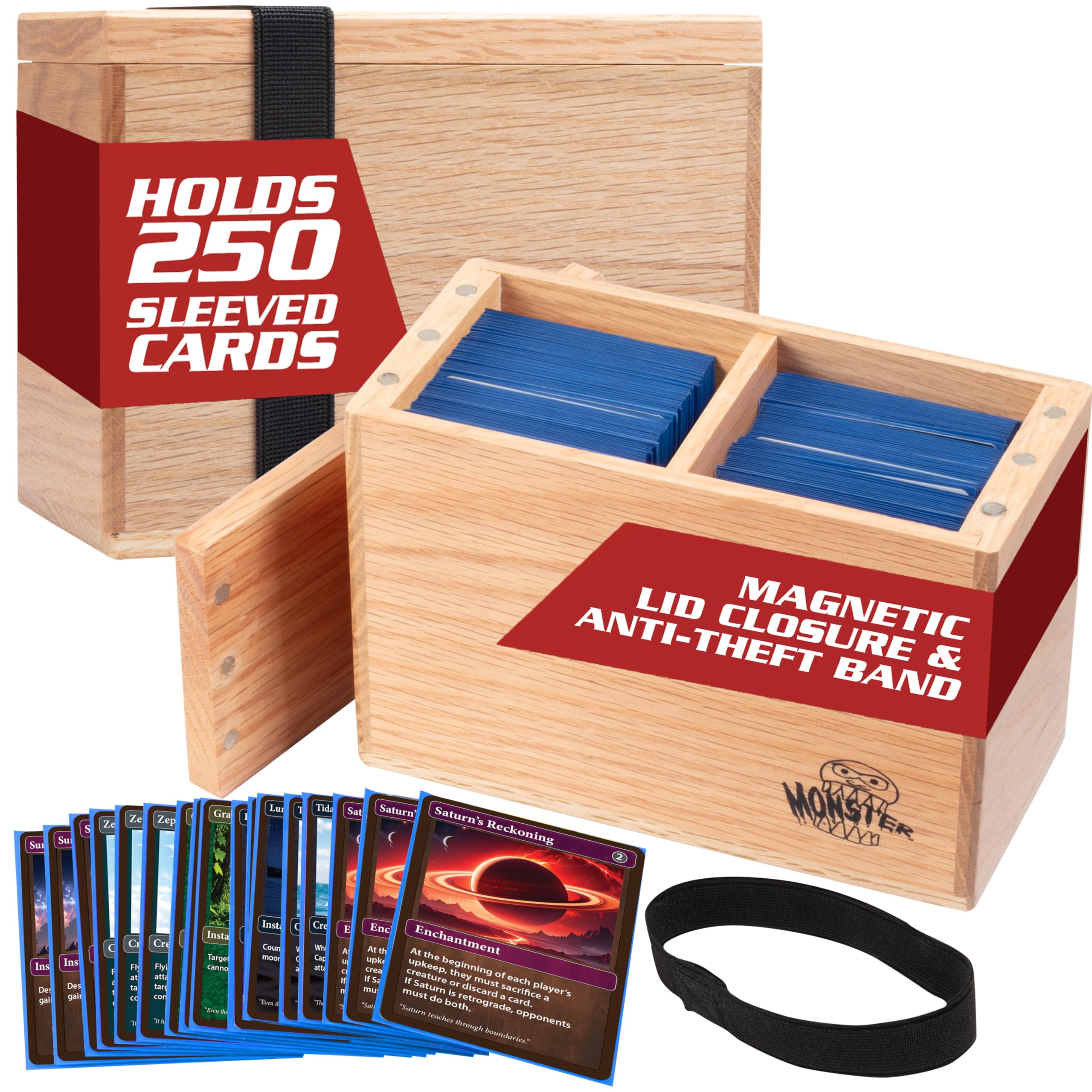 Amazon.com: Monster Wooden Double Deck Box w Strong Magnetic Lid & Security  Band- Premium Holds 250 Sleeved Cards- Compatible with Yugioh, Commander Magic  The Gathering MTG Sport Cards Trading TCG Game, Gift :