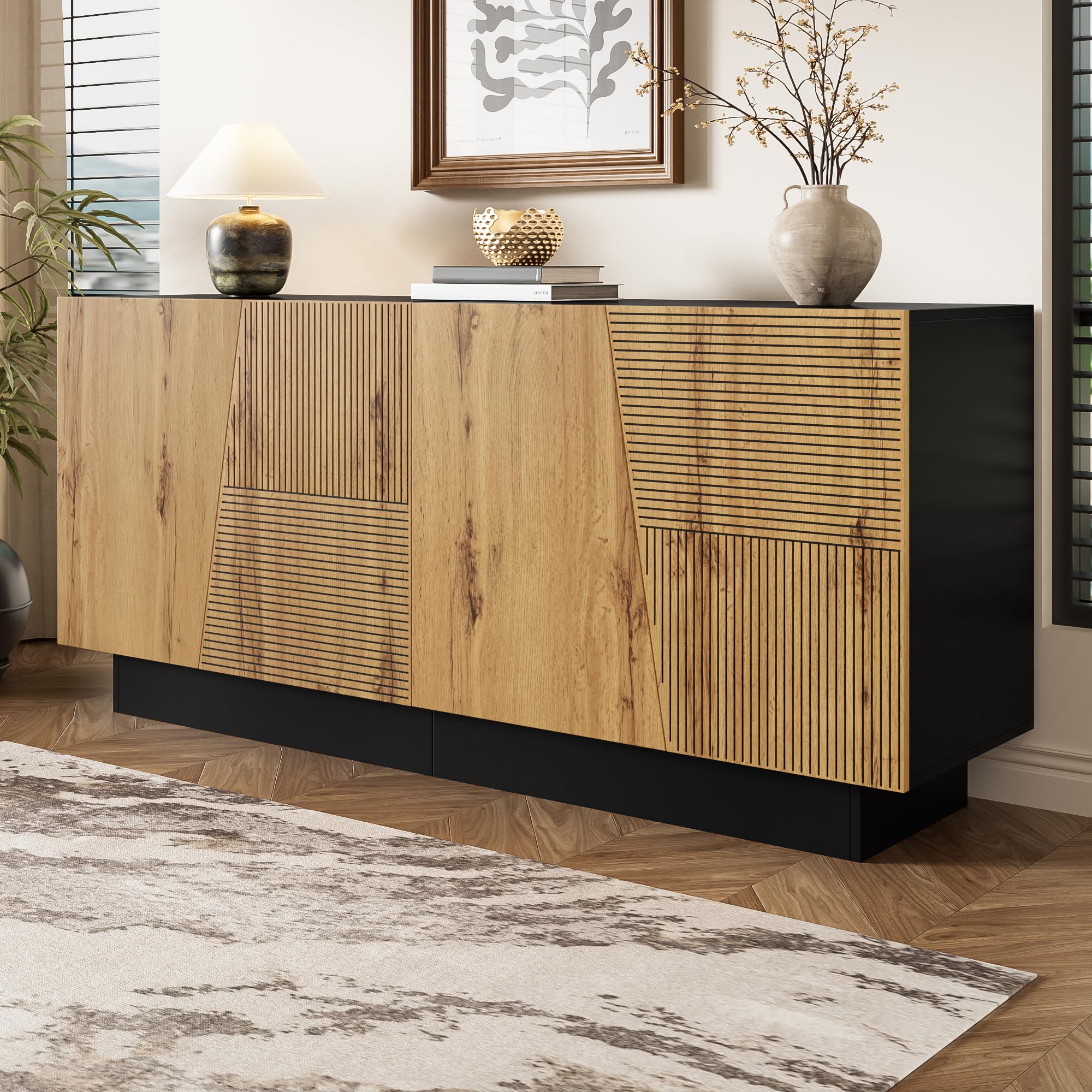 vutizal Aparador blanco con diseño geométrico y curvas, mueble de comedor grande, armario con bisagras silenciosas – Moderno aparador para sala de estar, 160 cm