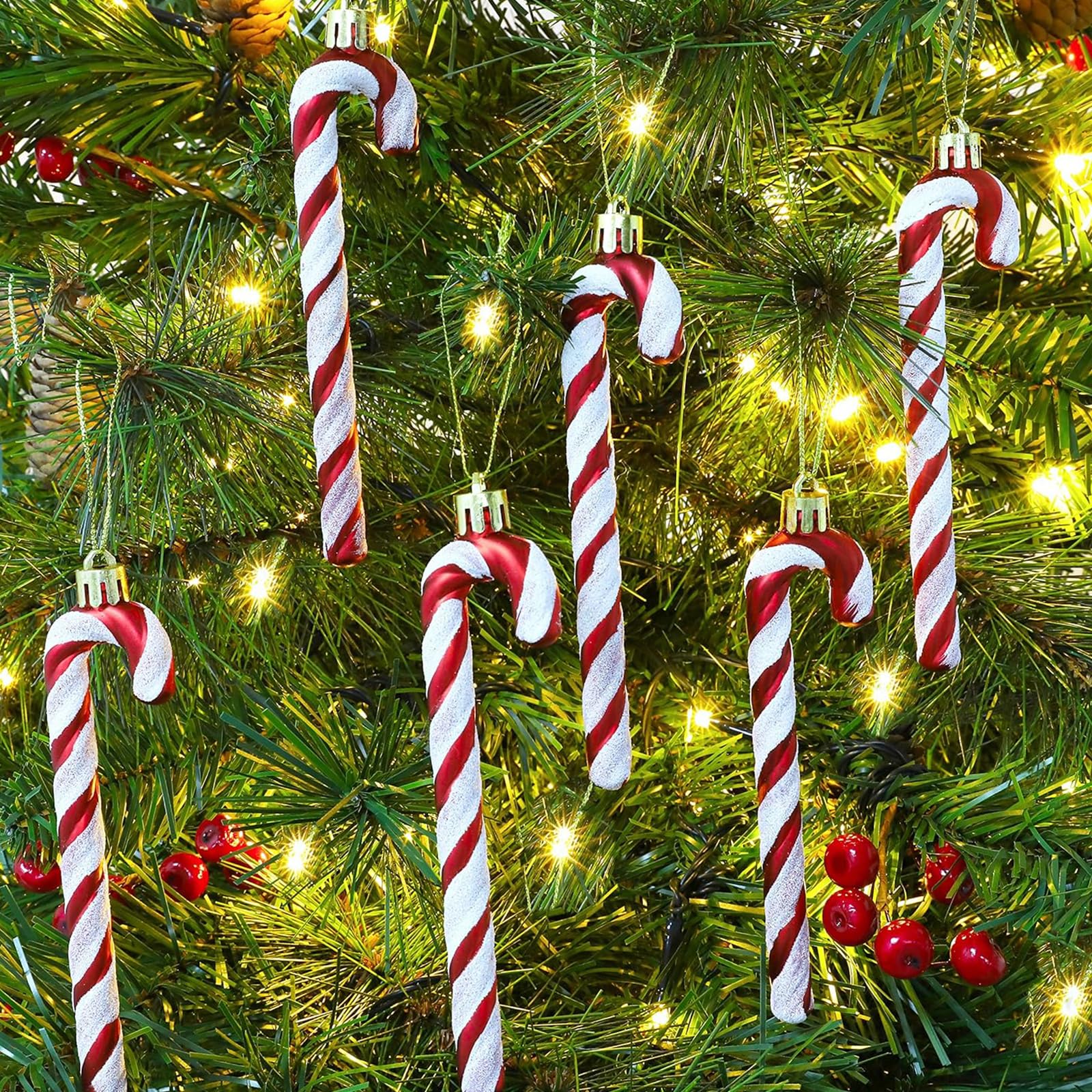12 Piezas De Purpurina Bastones Caramelo 14 CM Navidad Rojo Plateado Bastón Caramelo Navidad Bastones De Caramelo Adorno Christmas Decorations Adornos Arbol