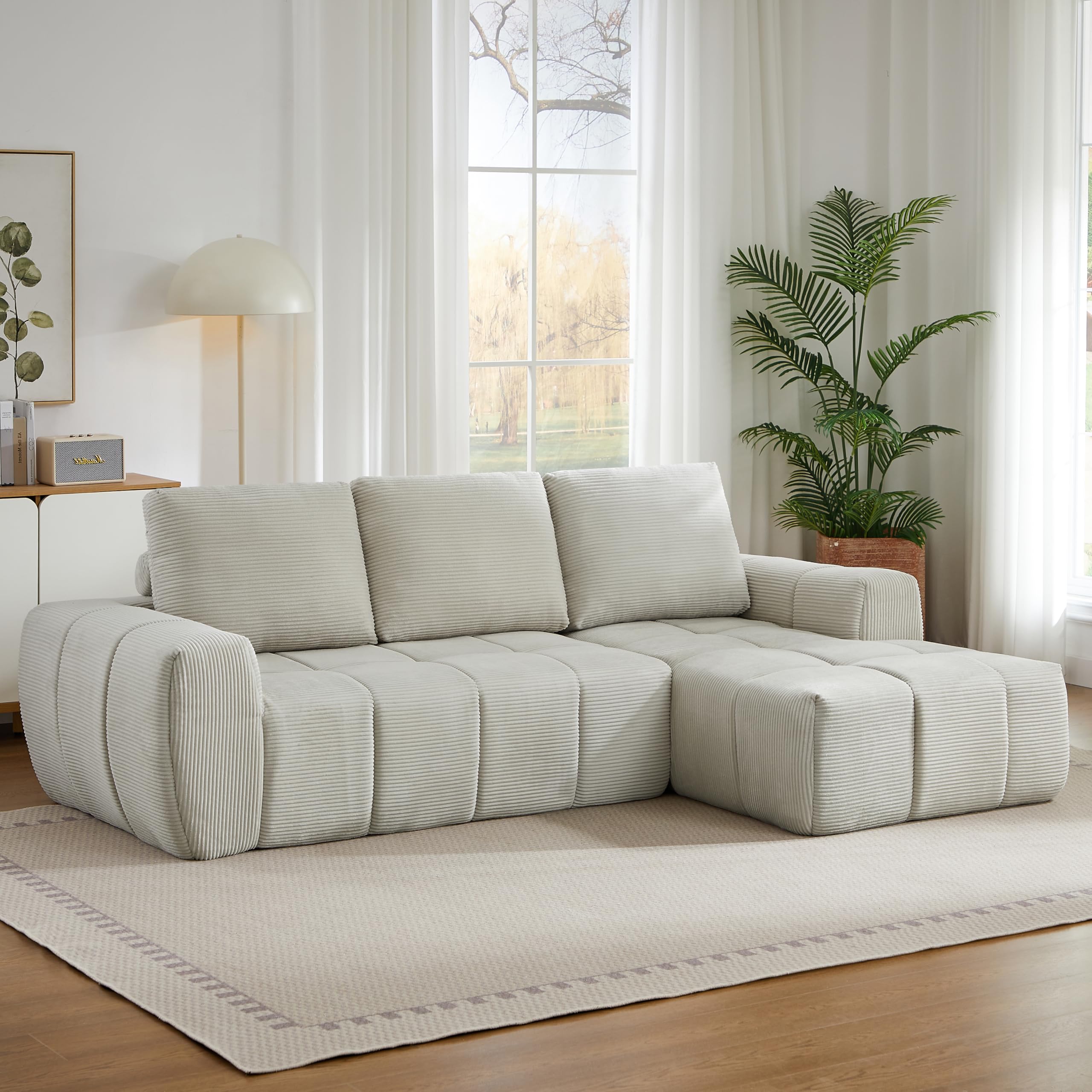 Divano letto a compressione, 255 cm, in velluto a L, con cuscino