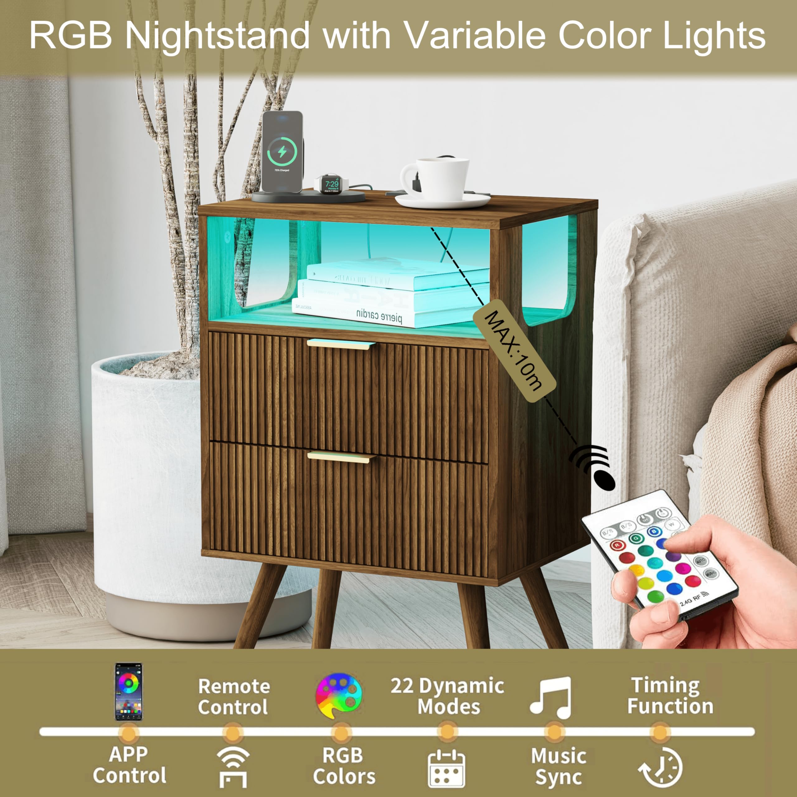 HOOBRO Comodino con Stazione di Ricarica, Tavolino Moderno con 2 Cassetti e Ripiano Aperto, Tavolino da Divano, Adatto per Camera da Letto e Soggiorno, Bianco e Oro EDW89CBZ01N1