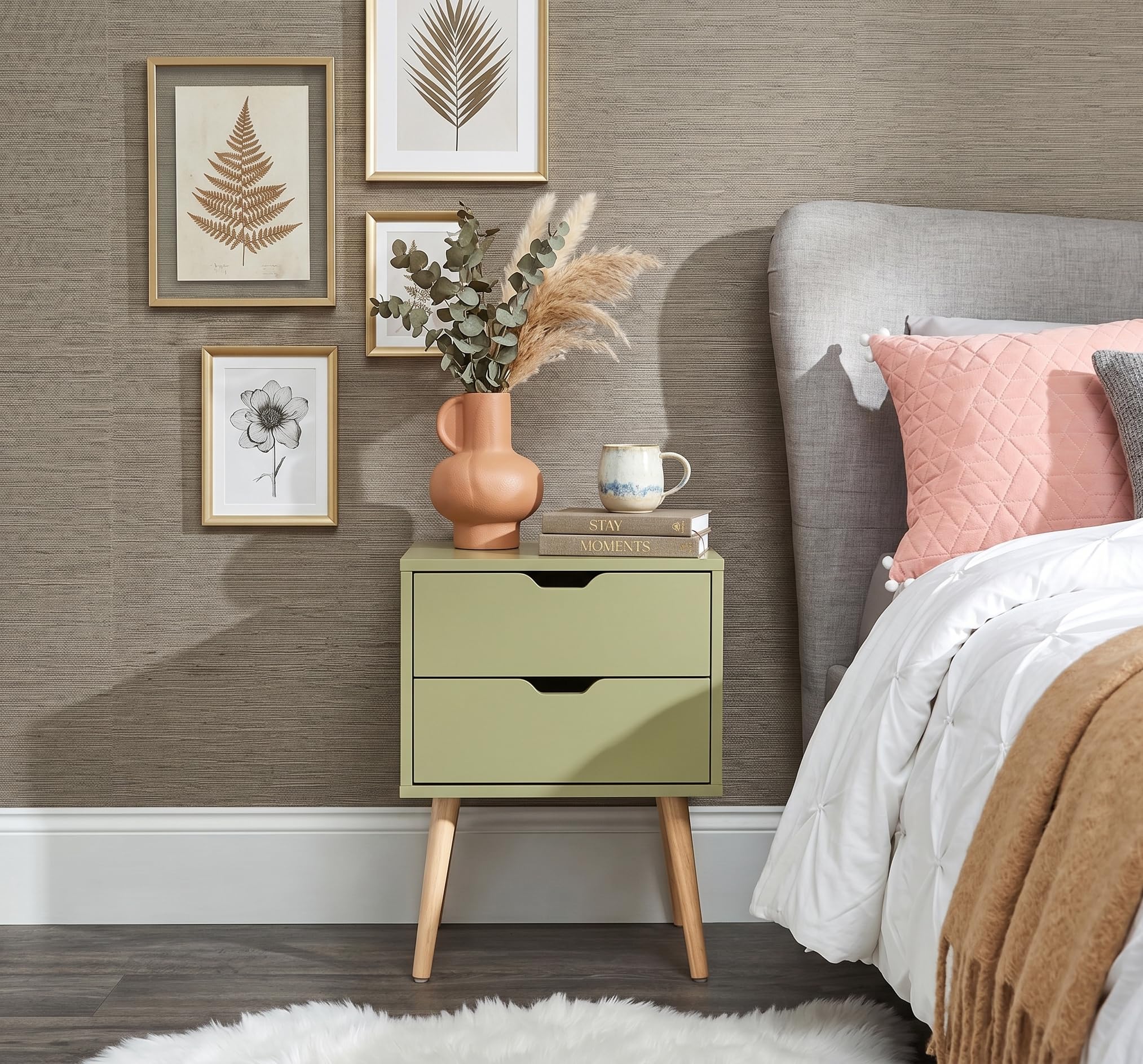 CROWN ART SHOPPEE Storage Nightstand Mid-Century Modern Bedside Table with Solid Wood Legs Minimalist and Practical End Side Table- 2 Drawer - 2 Drawer-Green-image-21