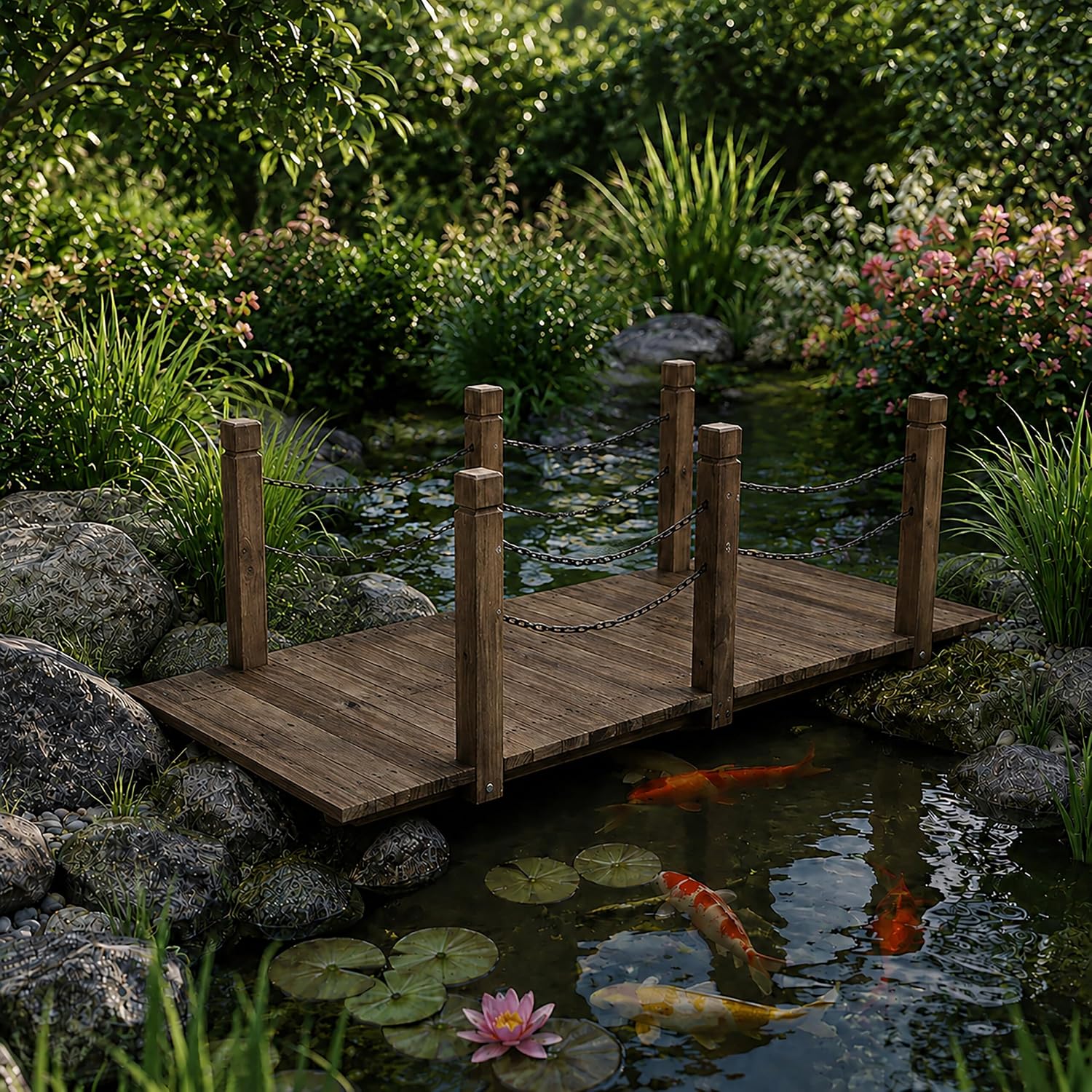 Relaxdays Garden Bridge, post & chain railing, fir wood, for garden ponds, HxWxD: 55 x 150 x 67 cm, choice of colours