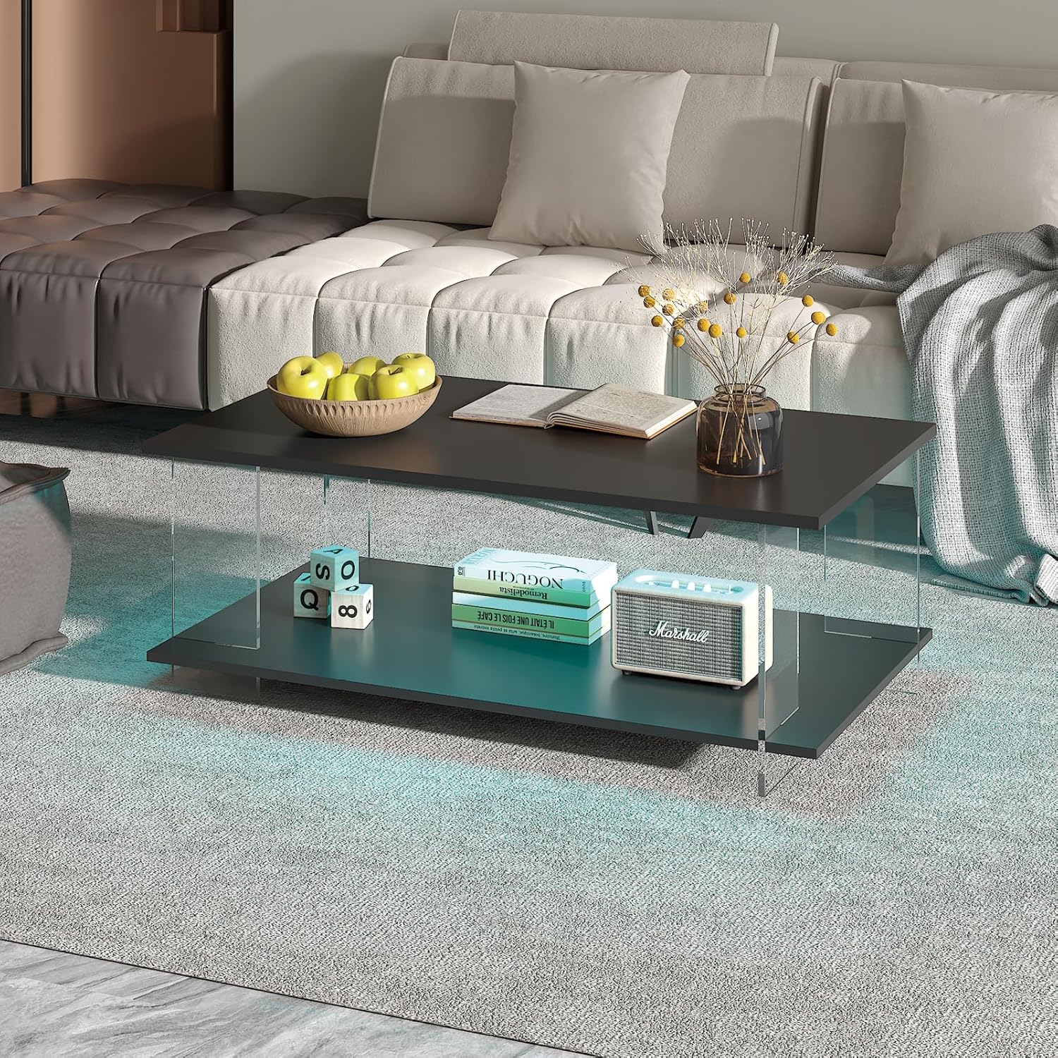 43" Acrylic Coffee Table with Black Wood Top, Minimalist Stylish Modern Rectangular Center Tables for Living Room, Led Living Room Table with Storage Shelf & Acrylic Frame for Small Space