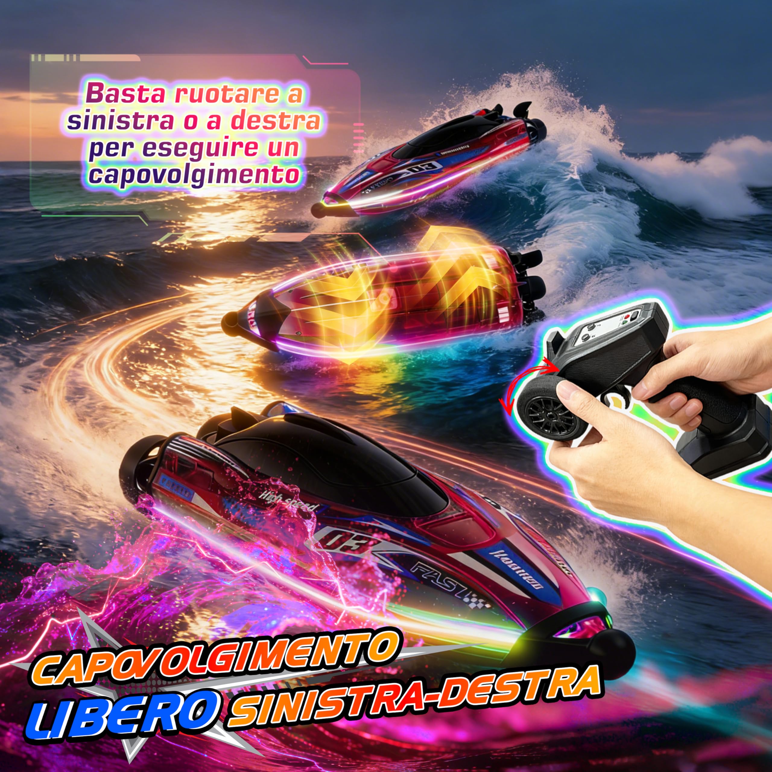 FORMIZON Barca RC 25 km/h, Barca Telecomandata 2,4GHz con Luce LED per Piscine e Laghi, Motoscafo Radiocomandato con Anti-Ingroppo Posteriore, Barche da Corsa Speedboot per Bambini e Adulti (Rosso)