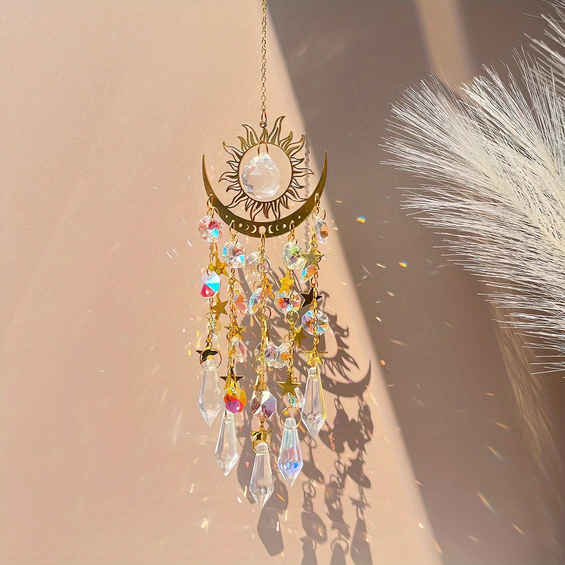 Sun Catcher Hanging Crystal, Celestial Suncatchers, Rainbow Light Crystal for Window, Hanging Decorative Home Ornament for Bedroom, Living Room, Garden, Patio, Balcony, Gift Idea for Women (Sun)