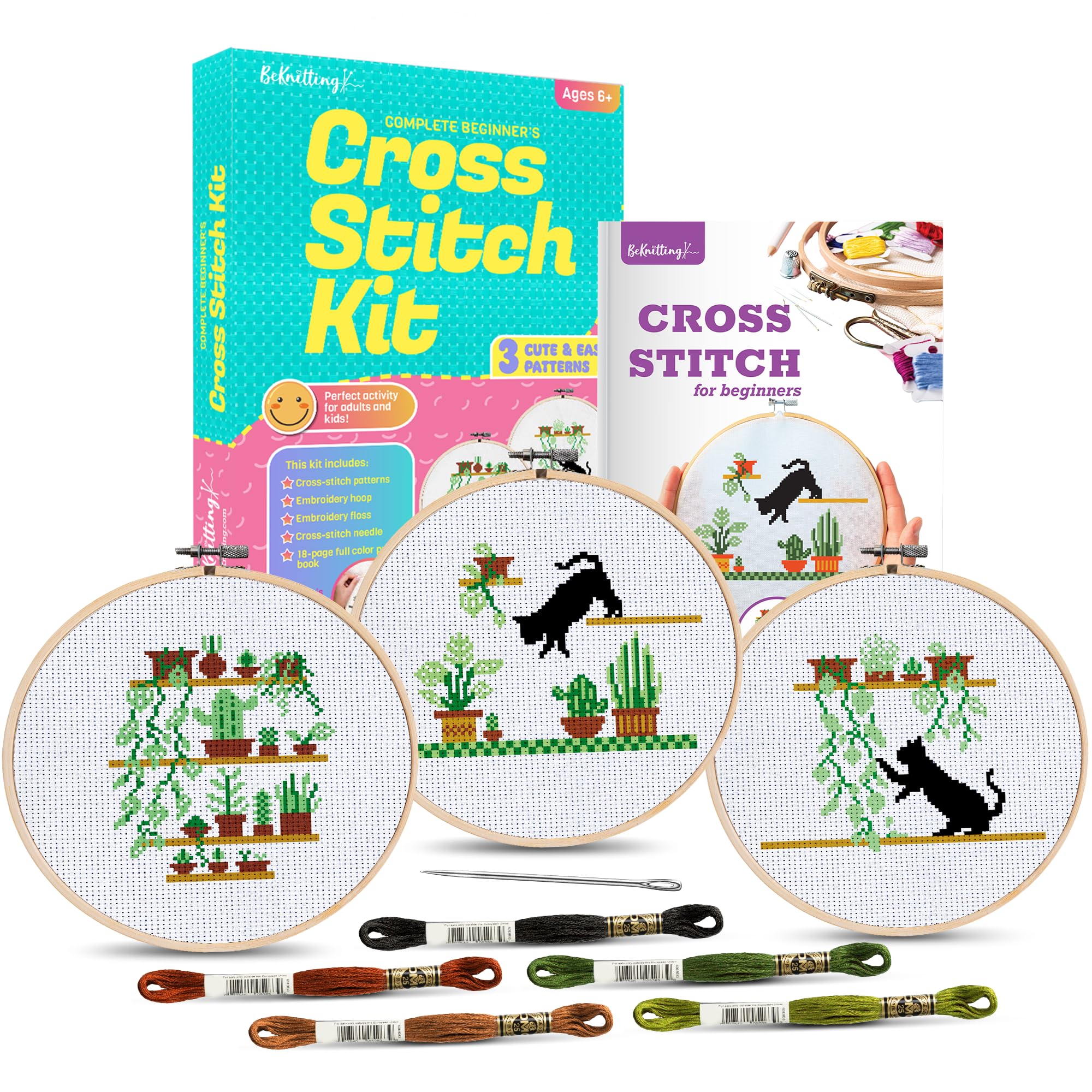 BeKnitting Kit de punto de cruz para principiantes, adultos y niños, patrones de punto de cruz, aro de bordado, hilo dental y agujas