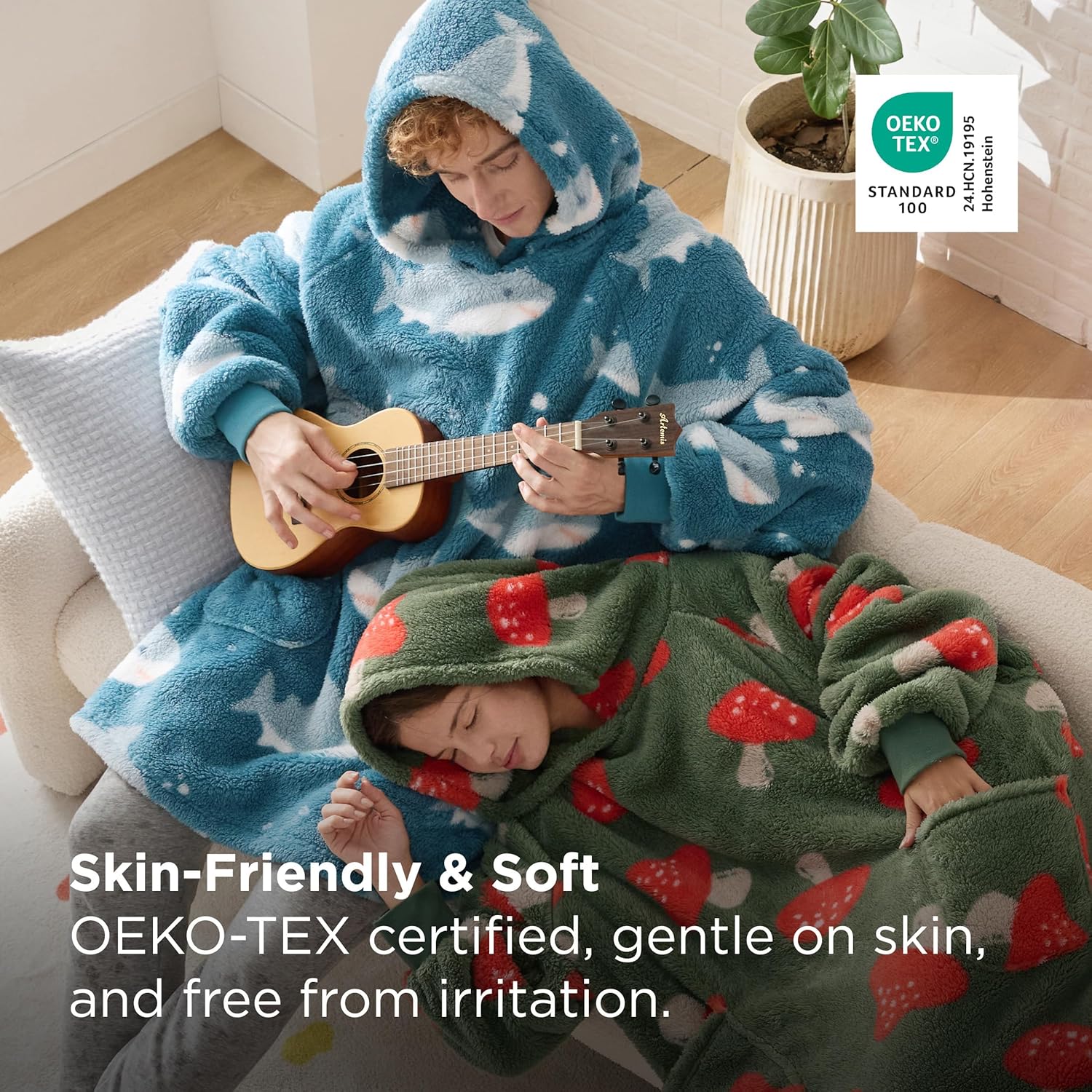 Bedsure Wearable Blanket for Women, Shark Blanket Hoodie Gift, Birthday Gifts for Girlfriend, Wife, Men, Oversized, Shaggy Sherpa Cozy Warm Hooded Sweatshirt With Sleeves, Blue