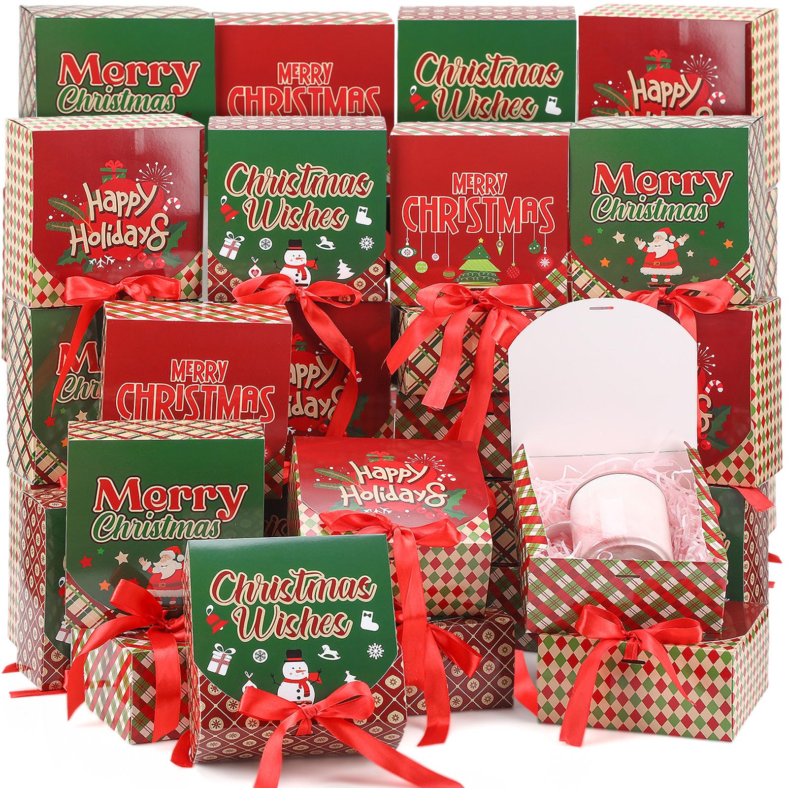 Cholemy Lot de 24 boîtes cadeaux de Noël avec couvercles, 17 x 17 x 7 cm, boîtes à friandises de Noël avec ruban rustique pour cadeaux, cupcakes au chocolat (style adorable)