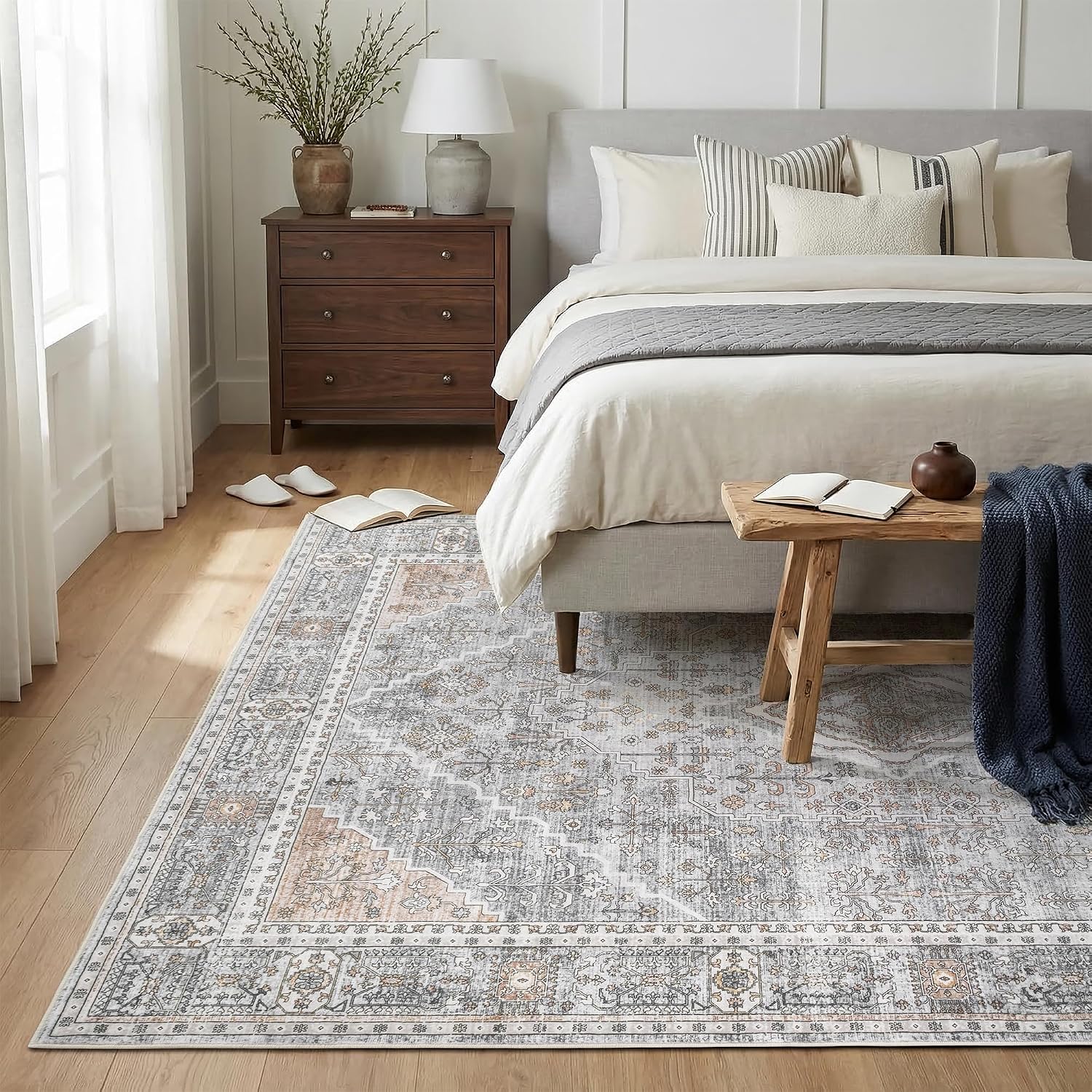 Gray with Beige Rug 5x7 Washable Area Rugs for Living Room,Rug for Bedroom, Vintage Distressed Non-Slip, Ultra Soft Faux Wool Carpet for Dining Room, Terracotta Accents for Home Office Décor