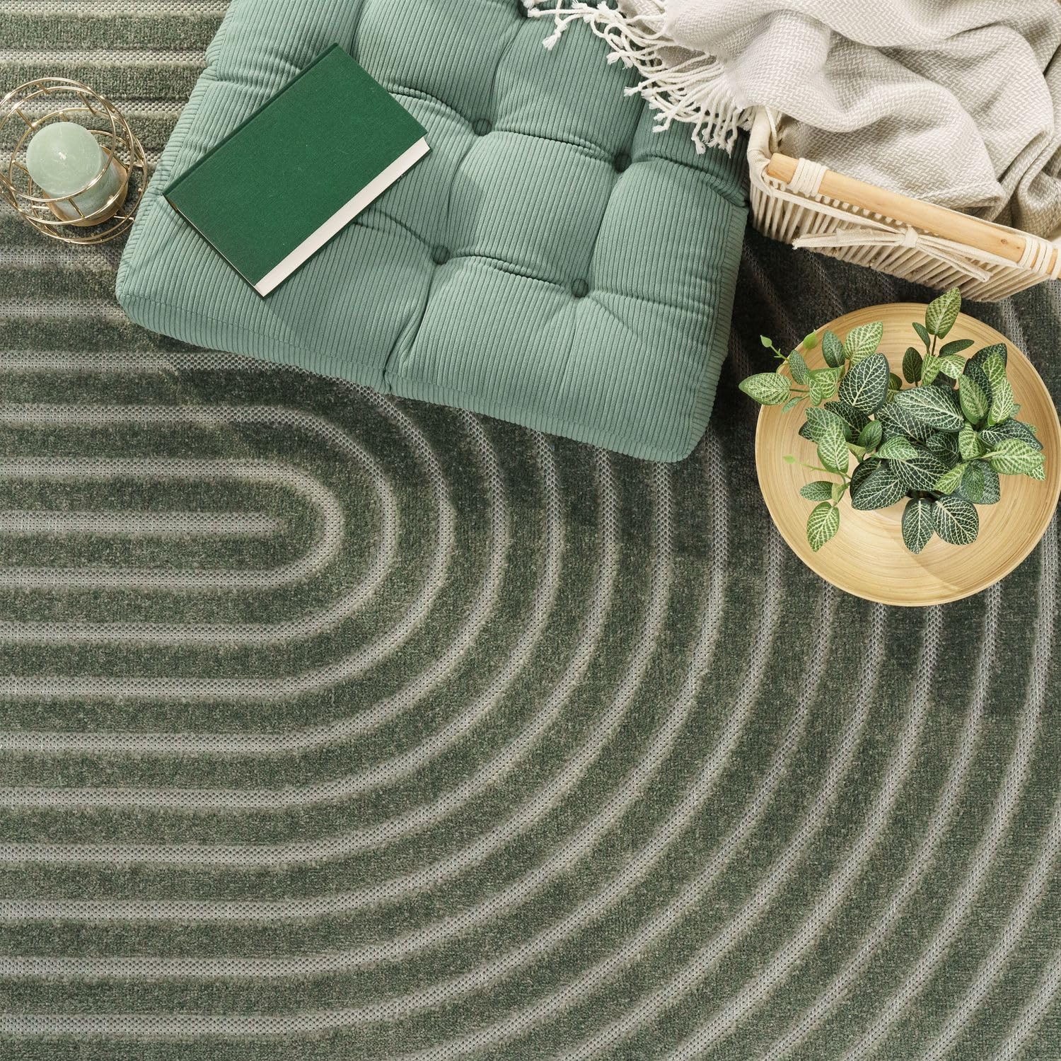 TT Home Outdoor Teppich Läufer 80x250 cm Grün, Wetterfest & Robust, Modernes Boho Skandi Design mit 3D-Optik, für Flur, Küche & Terrasse
