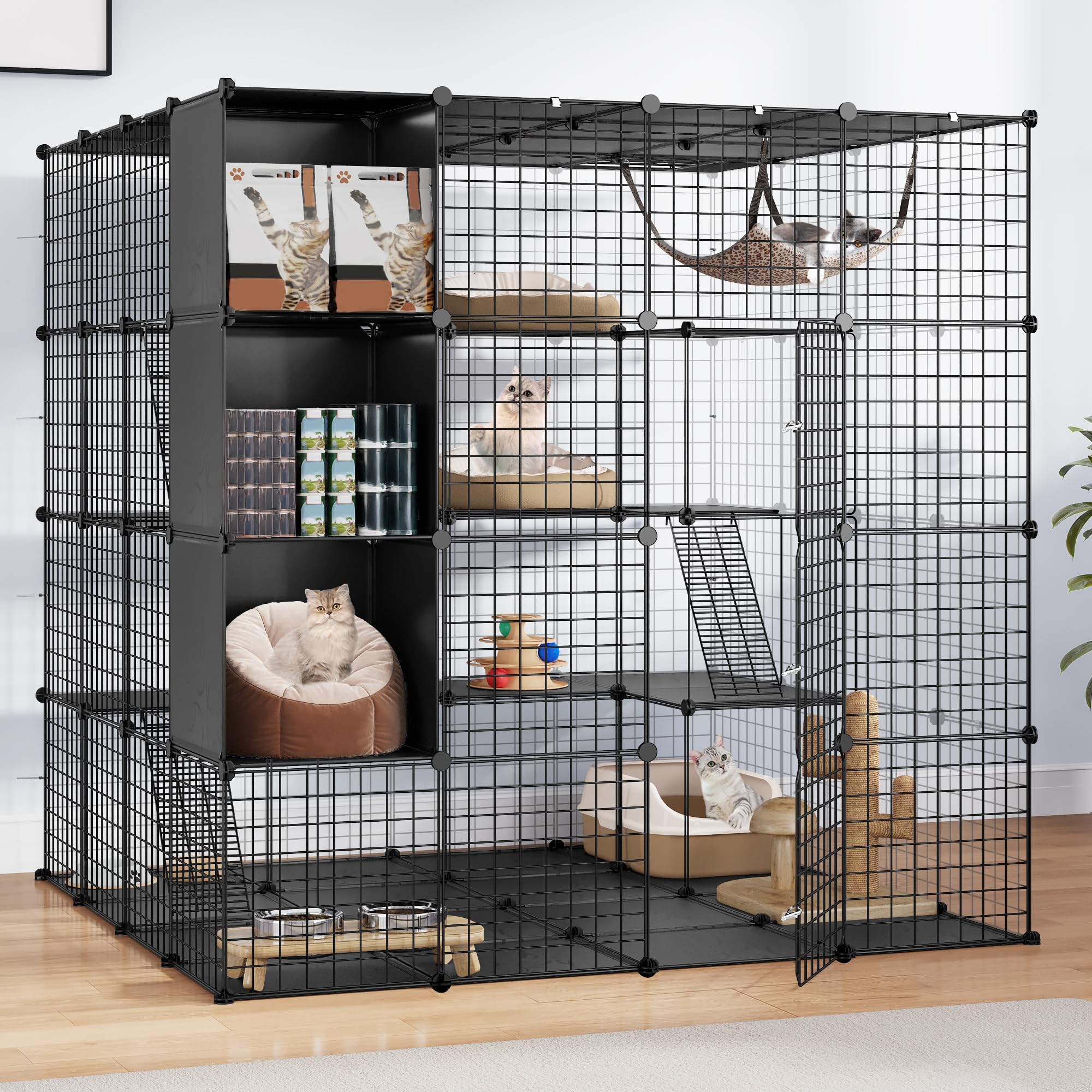 DWVO 4 Tiers Large Cat Enclosure with DIY Storage Cube, Large Cat Cage, Indoor Catio Playpen with Hammock