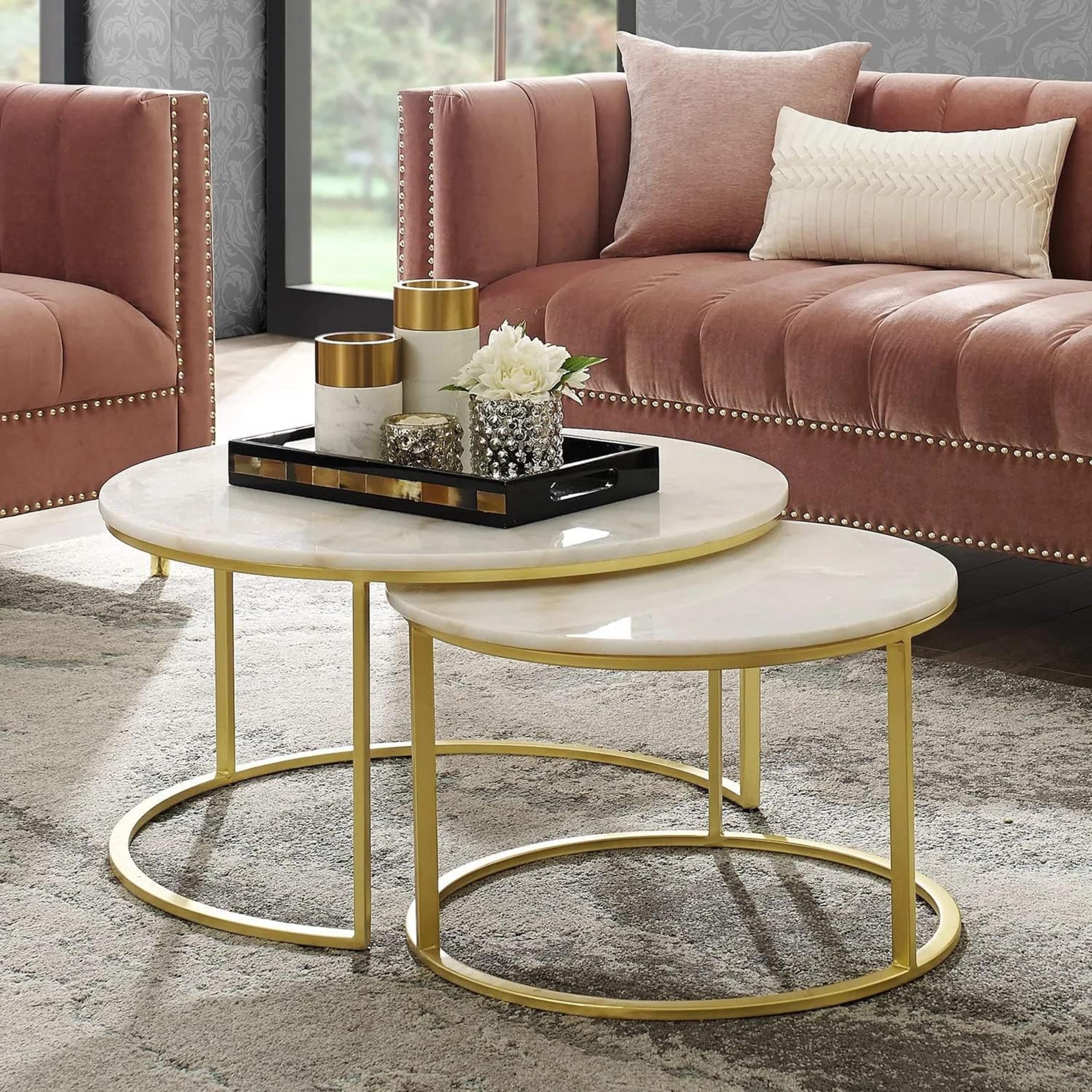 VIDELI ART Coffee Table for Living Room: Modern Nesting Table Set of Two Contemporary Accent Snack End Tables for Living Room, with Round Frame and Smooth Surface Sofa Tables.Golden White