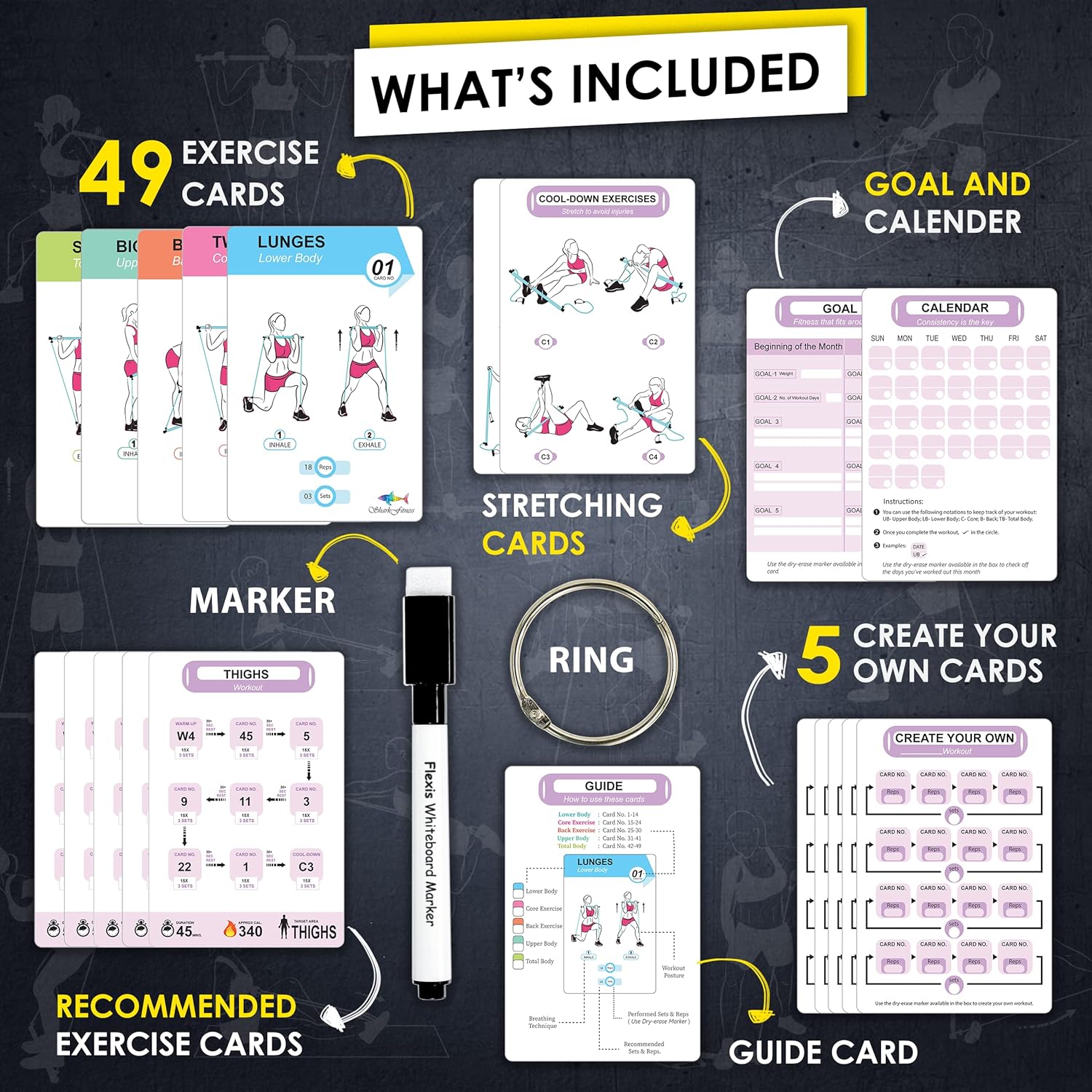 Flexies Pilates Bar Workout Cards - 58 Exercise Cards with Pilates Stick Work Out Postures, Instructions & Breathing Tips | Free Ring & Dry-Erase Marker to Create Your Customize Workout Planner chart : Sports & Outdoors