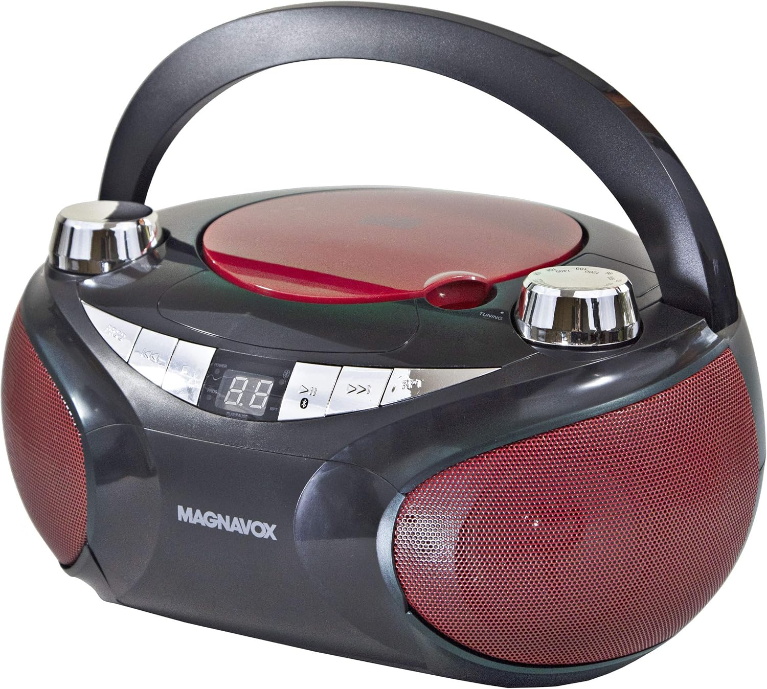 Magnavox MD6949 Portable Top Loading CD Boombox with AM/FM Stereo Radio and Bluetooth Wireless Technology in Red and Black | CD-R/CD-RW Compatible | LED Display | (Renewed)