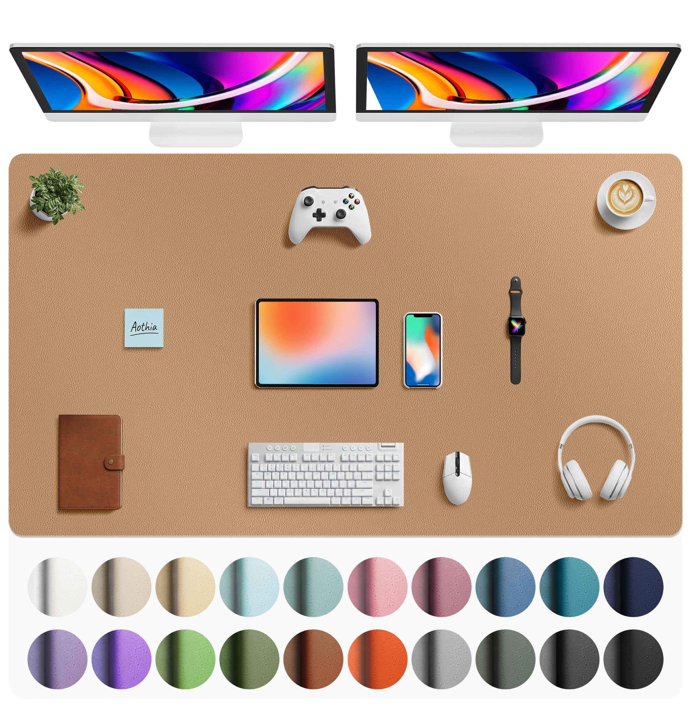 Aothia Faux Leather Desk Mat Mouse Pad, 63" x 24", Khaki