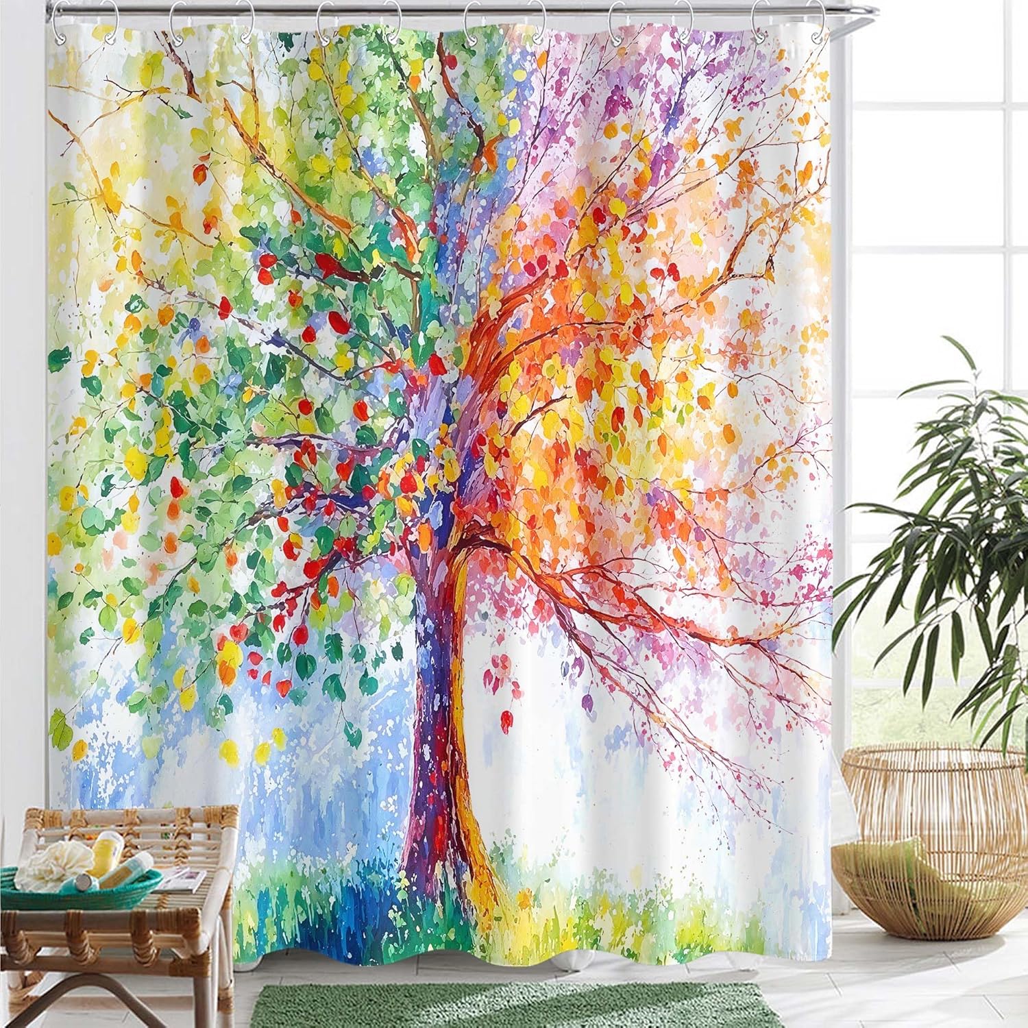 Yeoiat Colorful Tree Shower Curtain Art Landscape Shower Curtains for Bathroom Classy Shower Curtain Set with 12 Hooks 72×72 Inches.