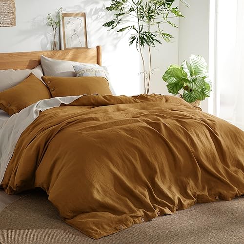Bedsure Juego de funda de edredón de lino tamaño Queen Juego de funda de edredón de mezcla de algodón de lino, funda de edredón de lino miel y Bedsure Juego de funda de edredón de lino tamaño Queen Juego de funda de edredón de mezcla de algodón de lino, funda de edredón de lino miel y