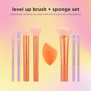 Real Techniques Flatten Brush and Sponge Set, Makeup Brushes for Eyeshadow, Foundation, Blush and Bronzer, Professional Quality Makeup Tools, Synthetic Bristles, 8 Piece Set