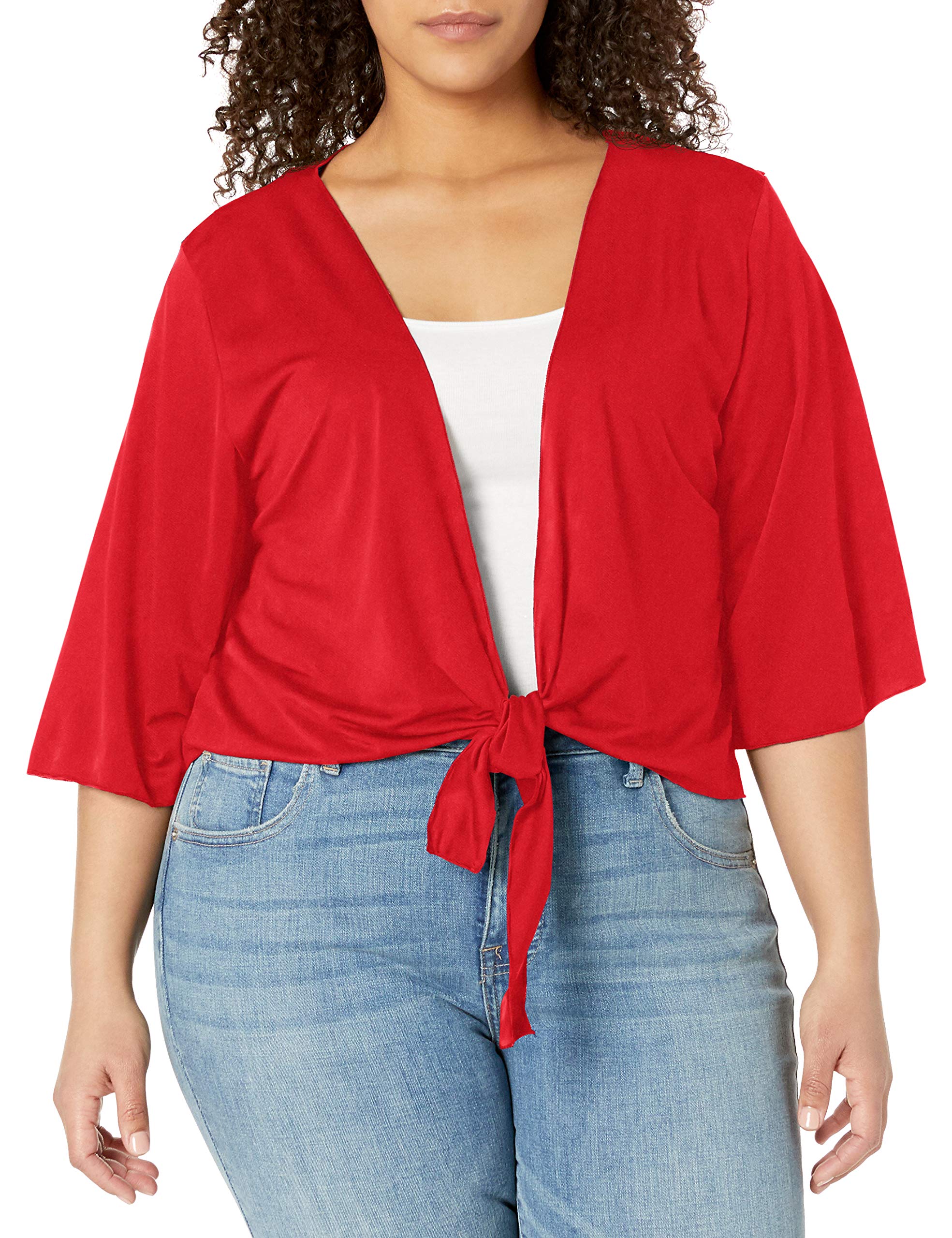 Star Vixen Women's Plus Size 3/4 Sleeve Tiefront Shrug, Red Solid, 3X
